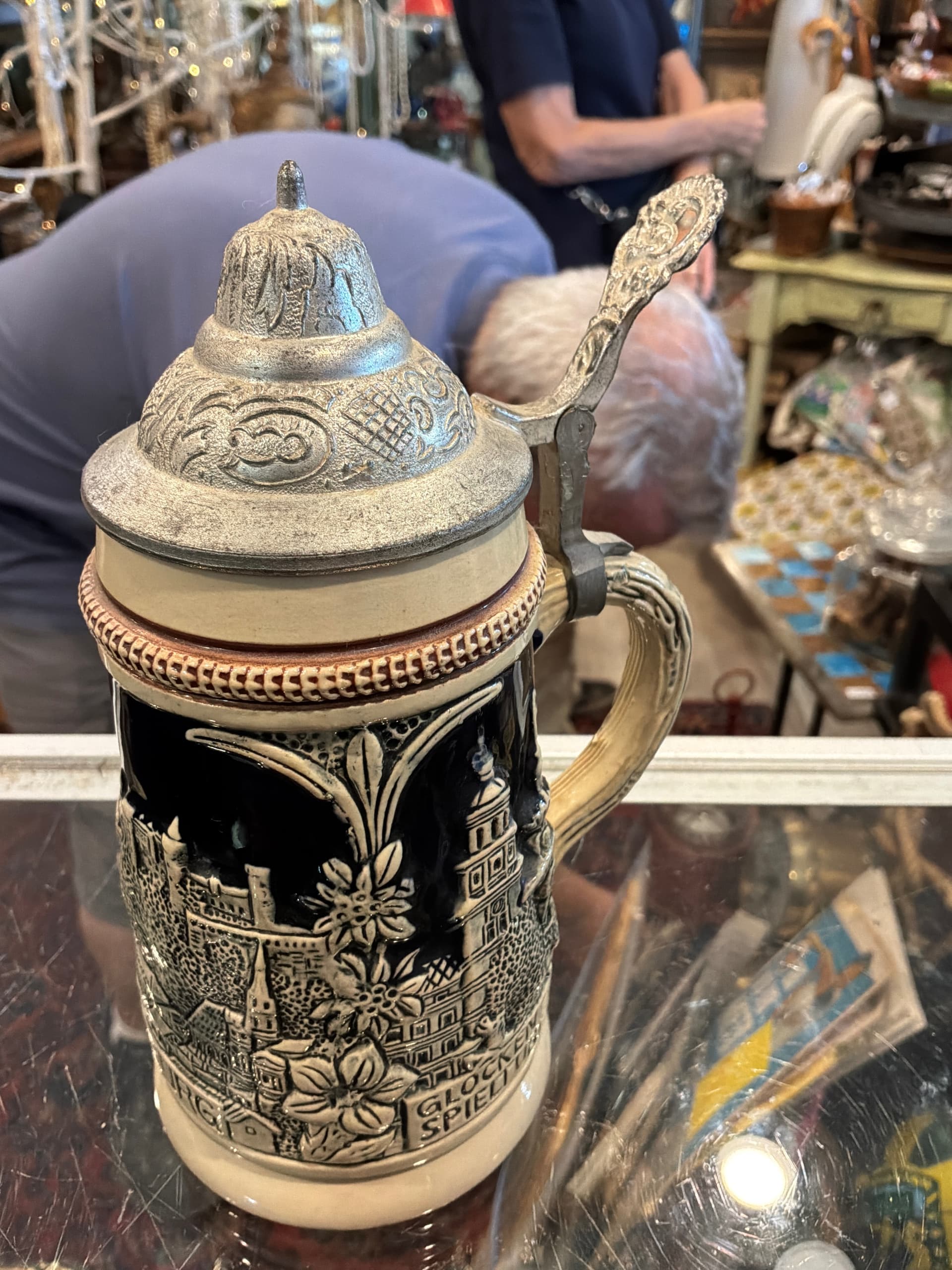 Vintage German Beer Stein | Salzburg Austria Souvenir | King-Werk Pewter Lid | Glockenspiel Relief Stoneware Tankard - Regular - Thumbnail 2