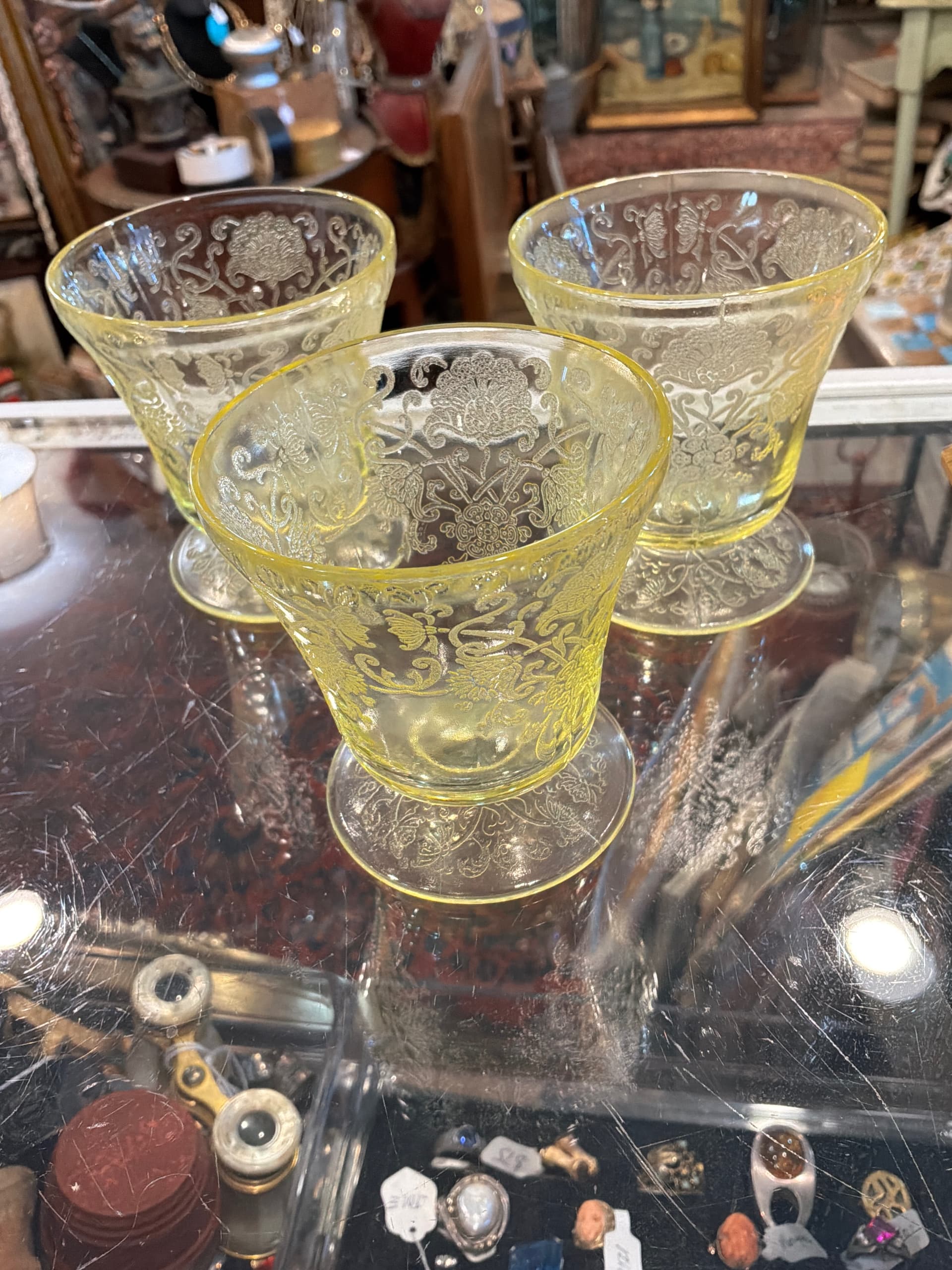 3 Etched Glass Footed Sherbets, Yellow Fostoria? Vaseline Glass - Regular - Thumbnail 5
