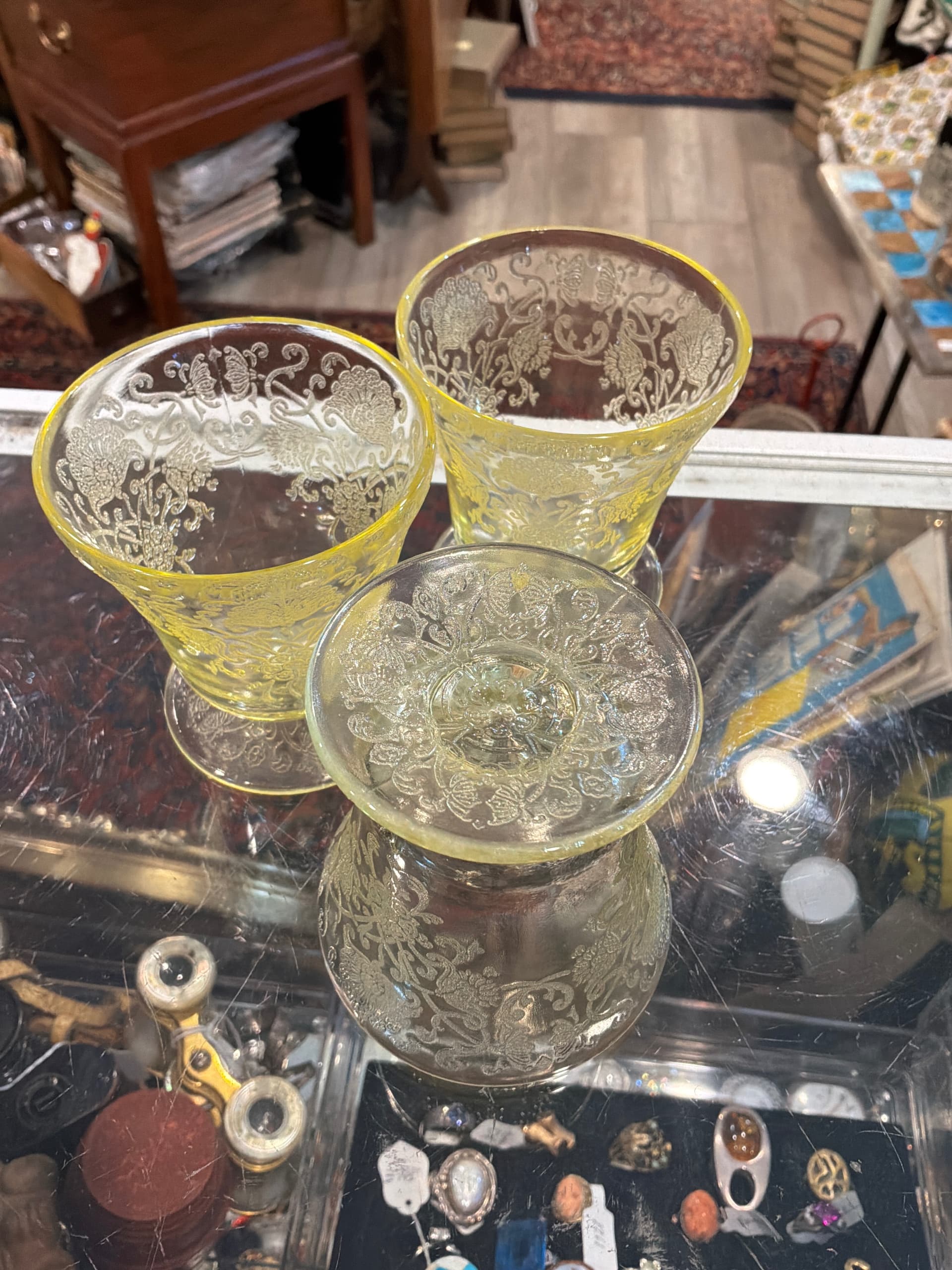 3 Etched Glass Footed Sherbets, Yellow Fostoria? Vaseline Glass - Regular - Thumbnail 4