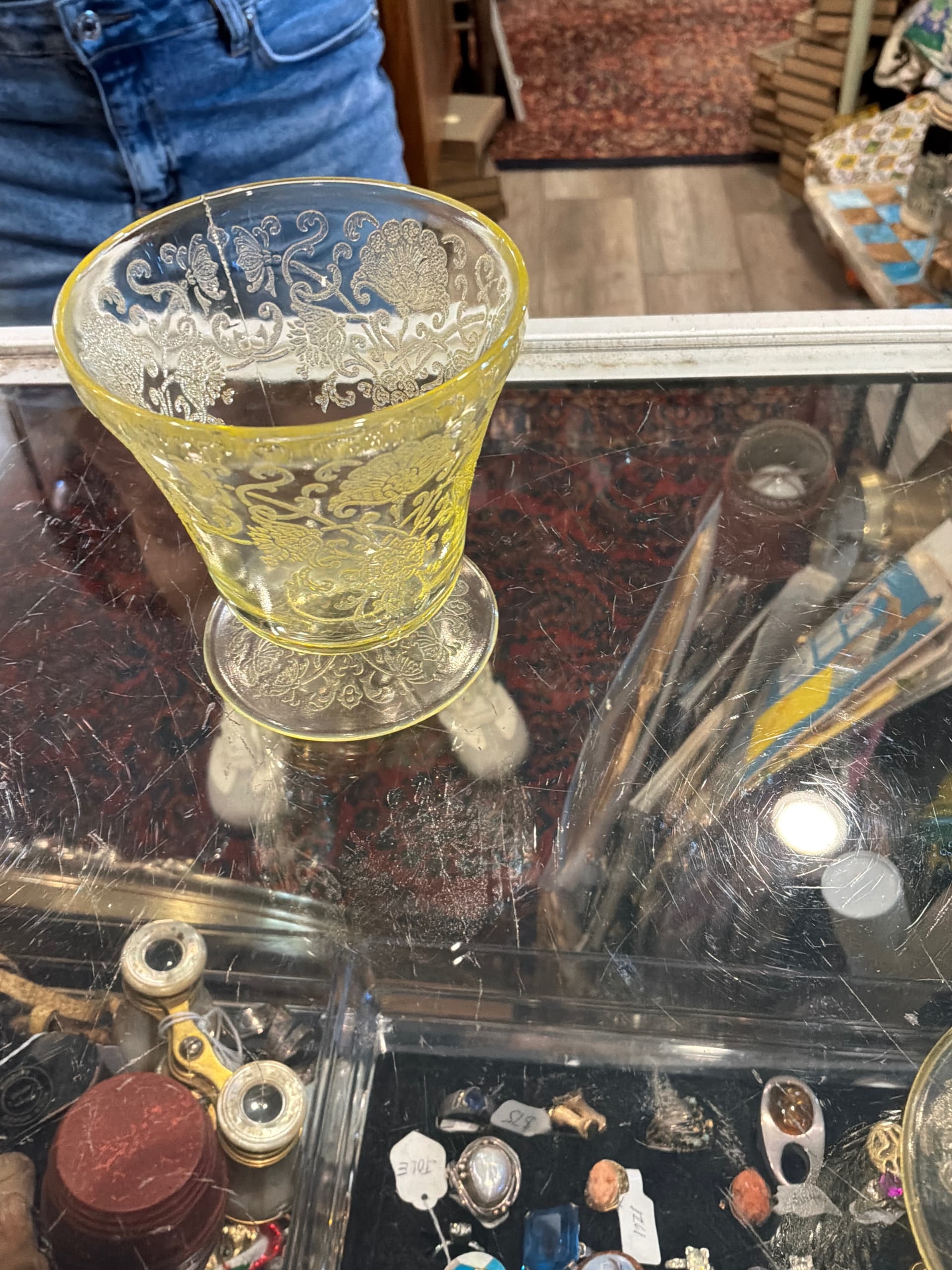 3 Etched Glass Footed Sherbets, Yellow Fostoria? Vaseline Glass - Regular - Thumbnail 2