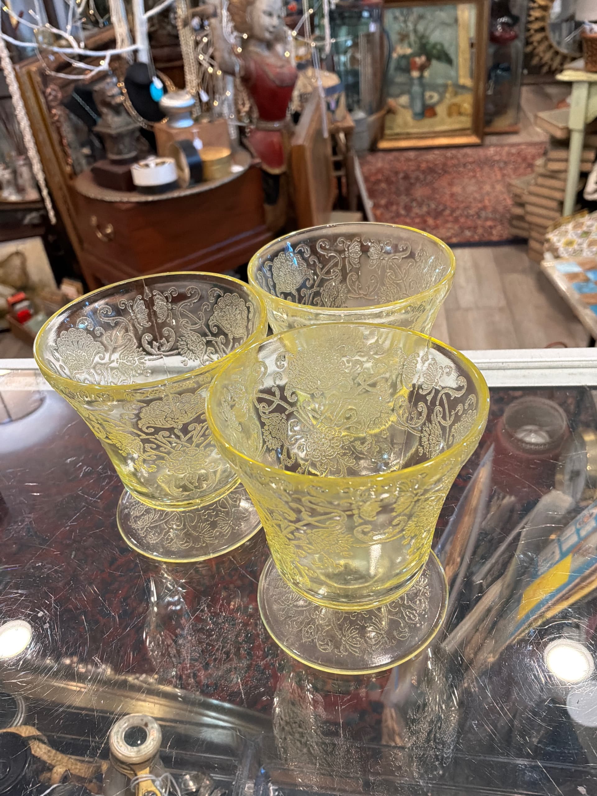 3 Etched Glass Footed Sherbets, Yellow Fostoria? Vaseline Glass - Regular - Thumbnail 3