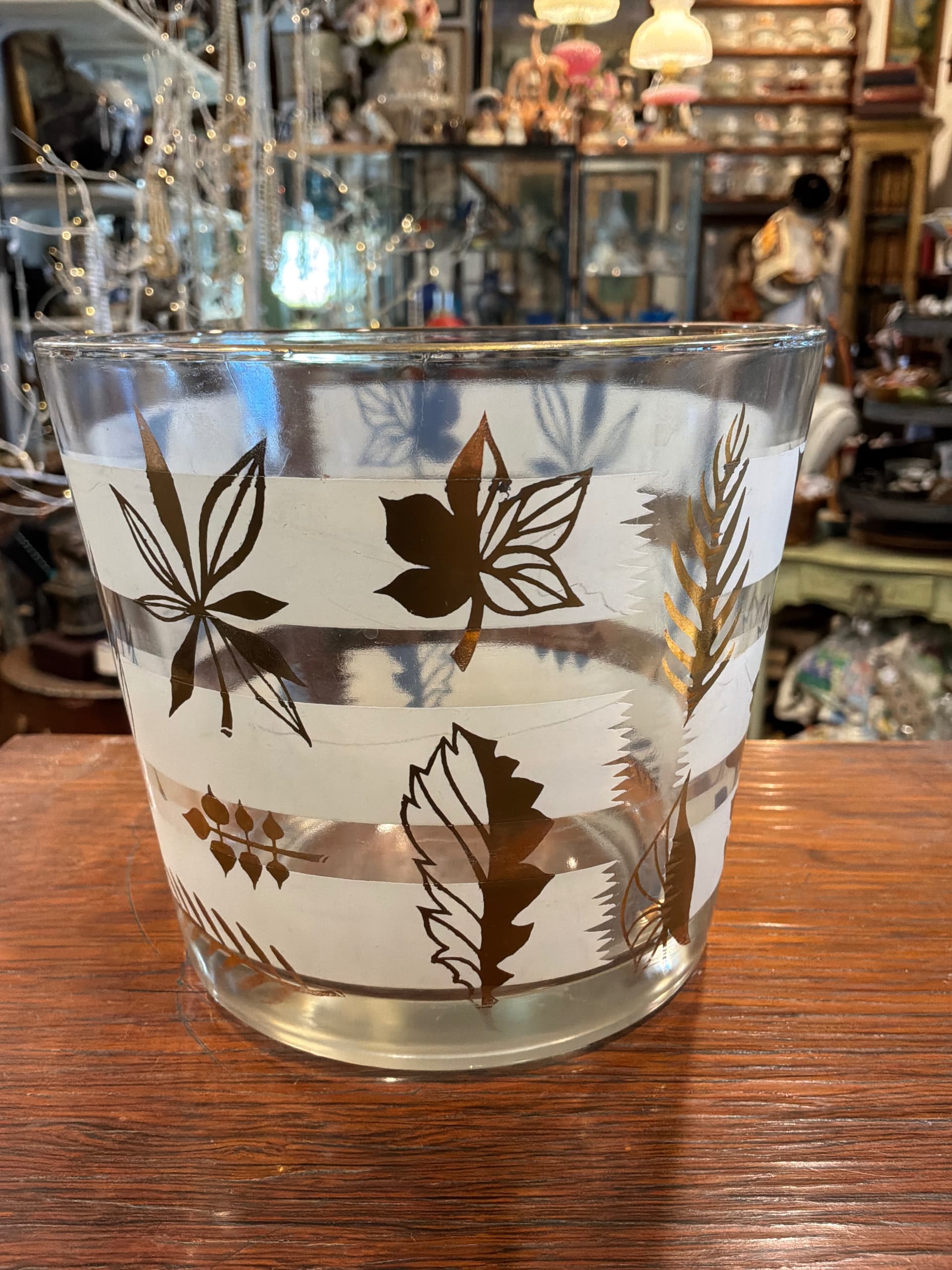 Vintage Libbey Golden Foliage Ice Bucket, Frosted Glass Gold Leaf Barware, Mid-Century Modern, 1960s - Regular - Thumbnail 3