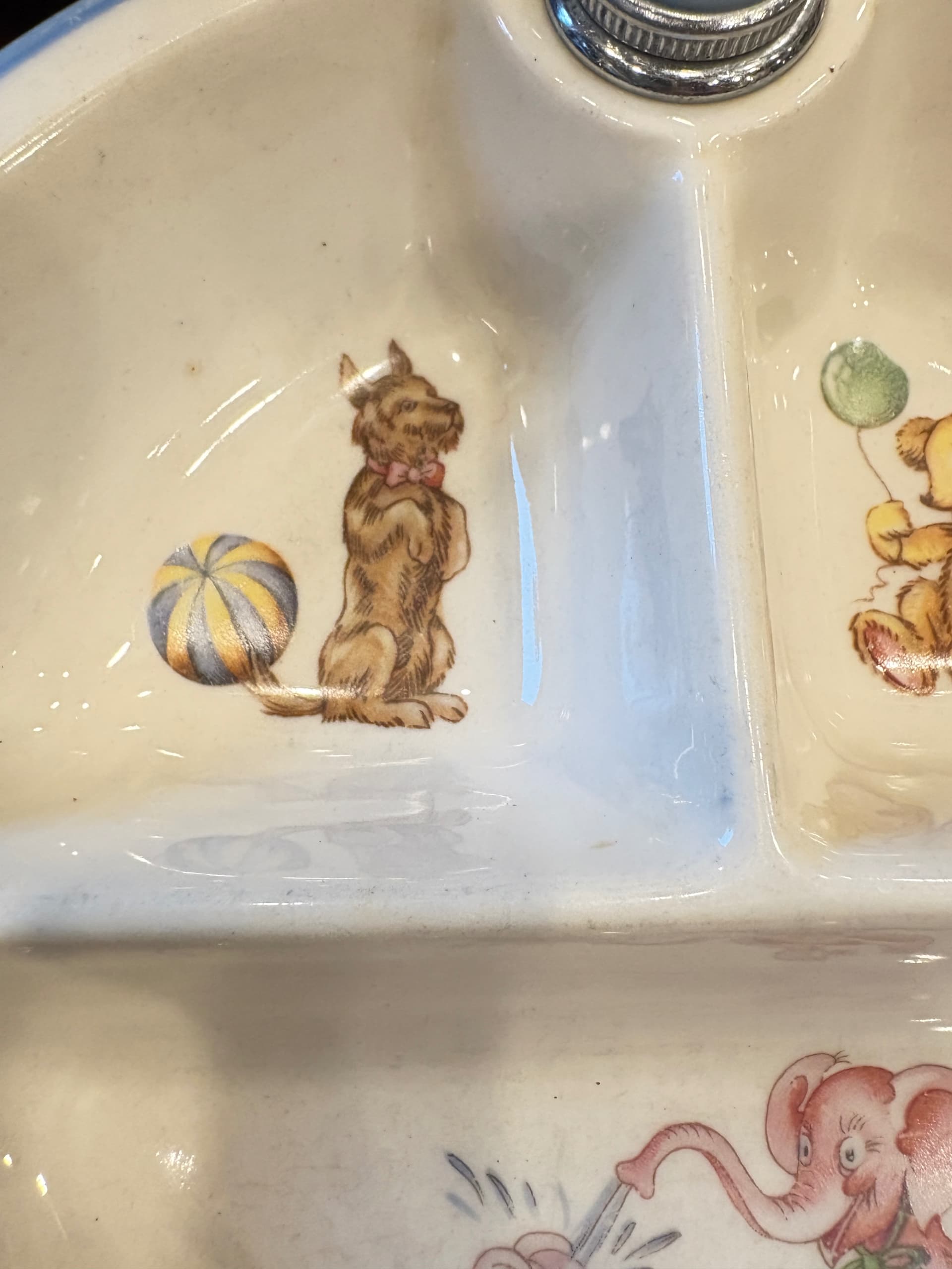 Vintage Art Deco Baby Food Warmer Bowl Set – Ceramic Nursery Dish in Aluminum Warming Stand, Bakelite Handles, Puppy Teddy Bear Elephant Motif - Regular - Thumbnail 4