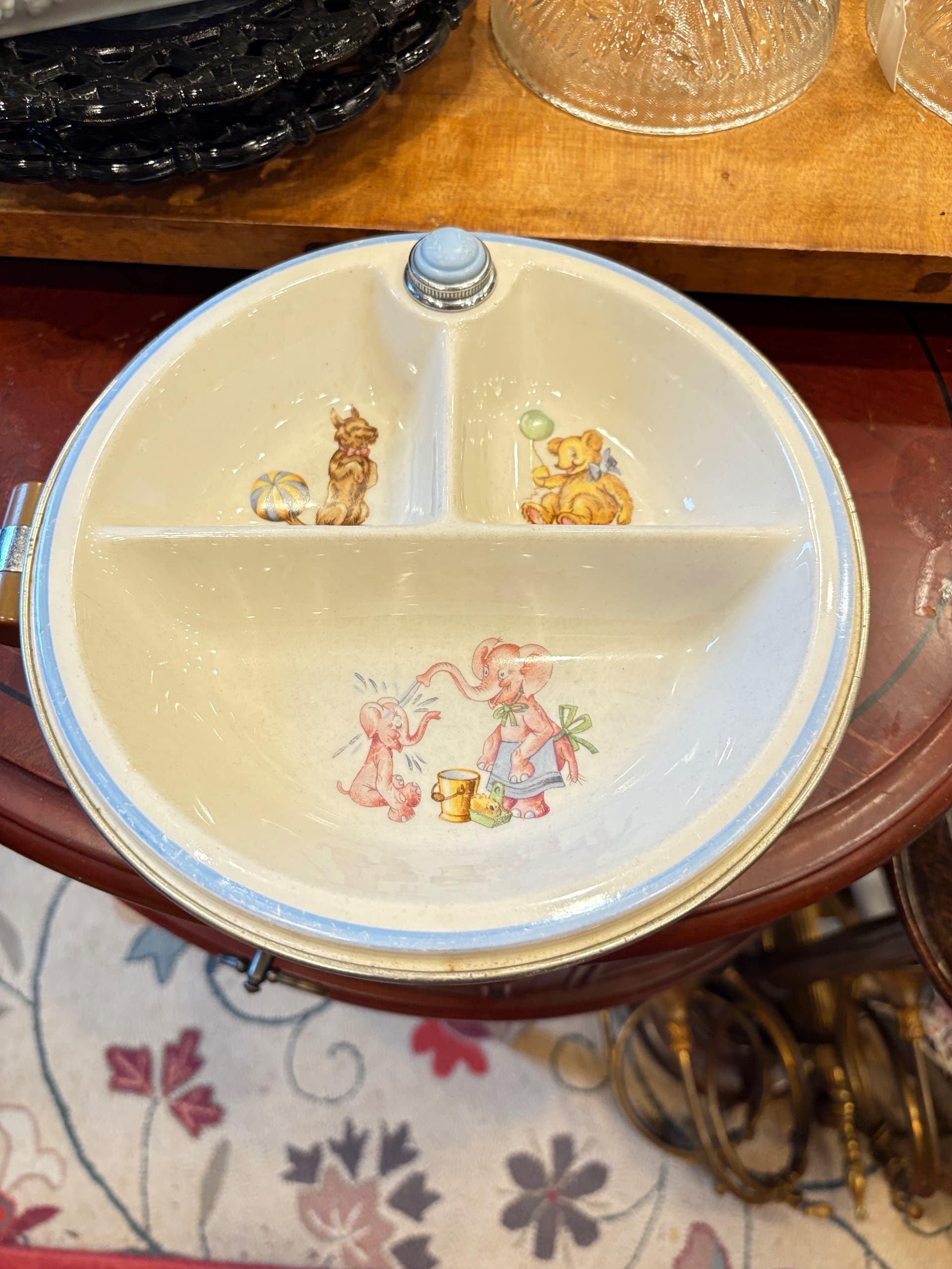 Vintage Art Deco Baby Food Warmer Bowl Set – Ceramic Nursery Dish in Aluminum Warming Stand, Bakelite Handles, Puppy Teddy Bear Elephant Motif - Regular - Thumbnail 2