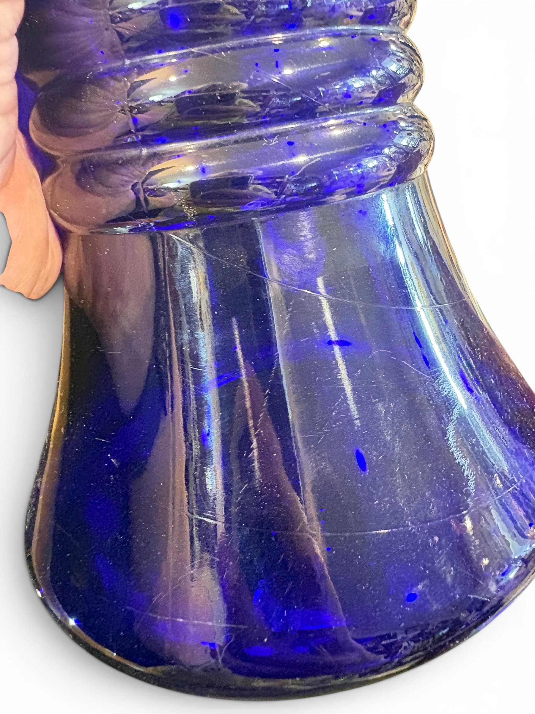 Cobalt Blue Hand Blown Art Glass Pitcher Creamer Ruffled Spout Unmarked - Regular - Thumbnail 3