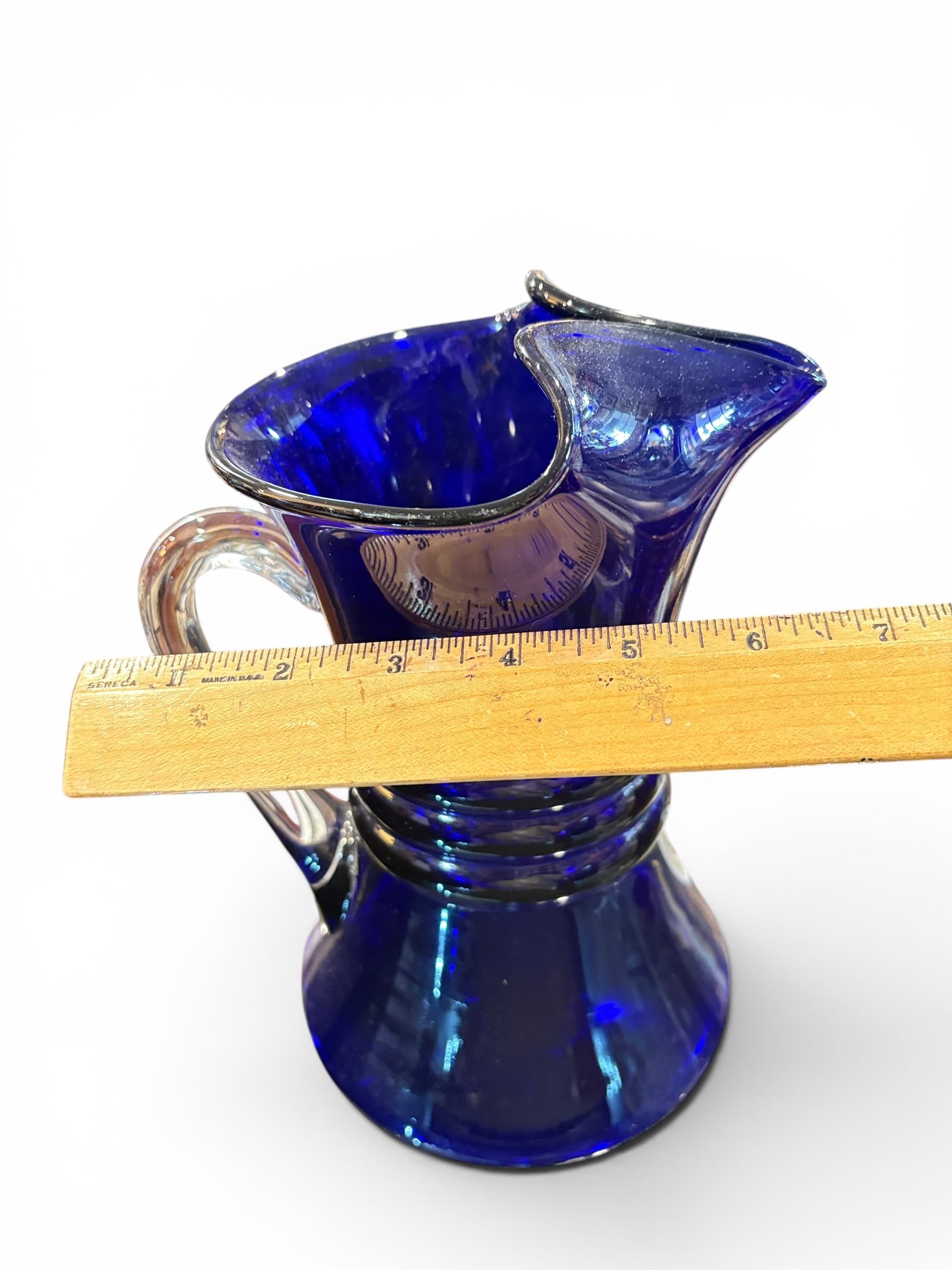 Cobalt Blue Hand Blown Art Glass Pitcher Creamer Ruffled Spout Unmarked - Regular - Thumbnail 2