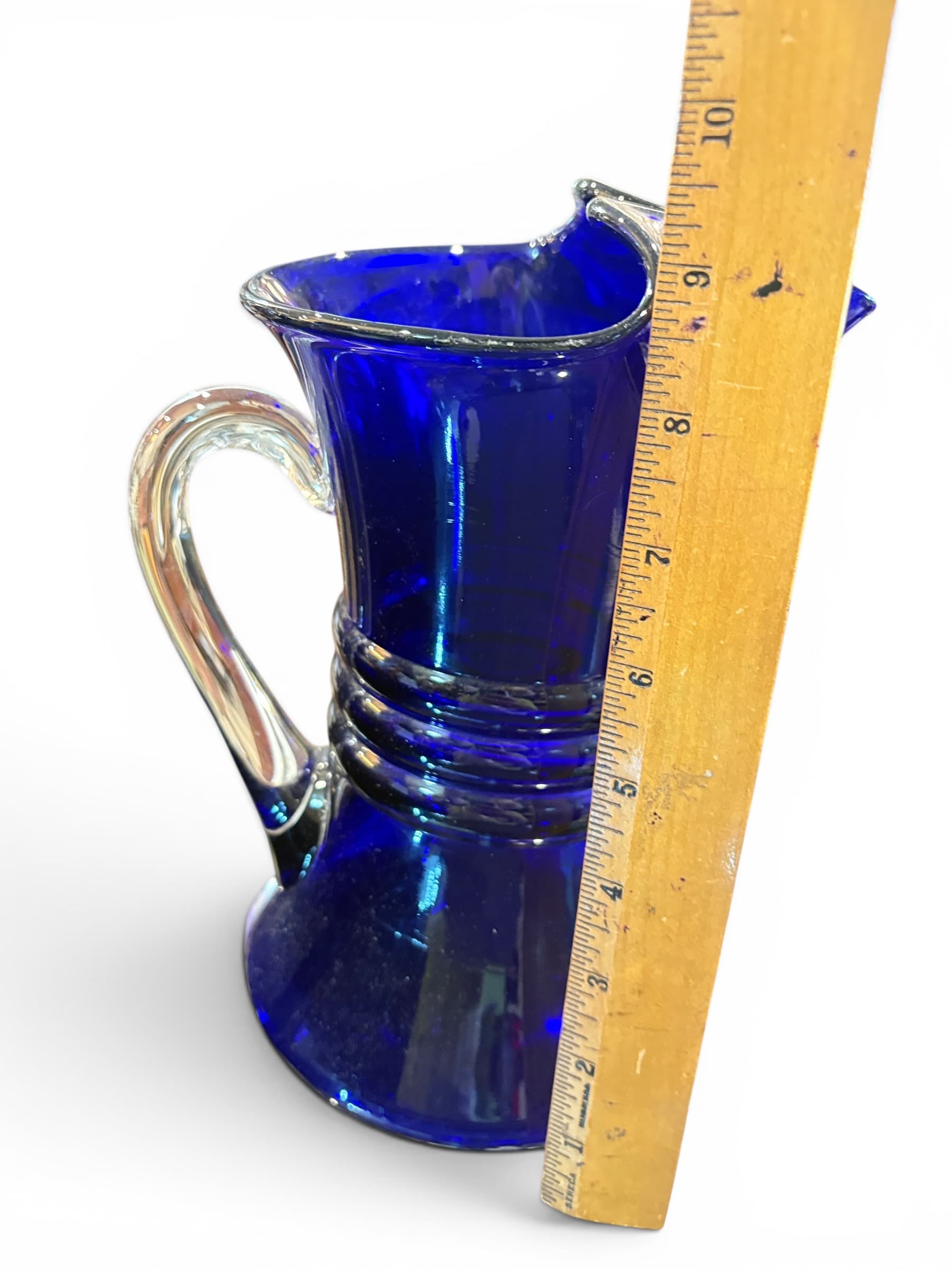 Cobalt Blue Hand Blown Art Glass Pitcher Creamer Ruffled Spout Unmarked - Regular - Thumbnail 5