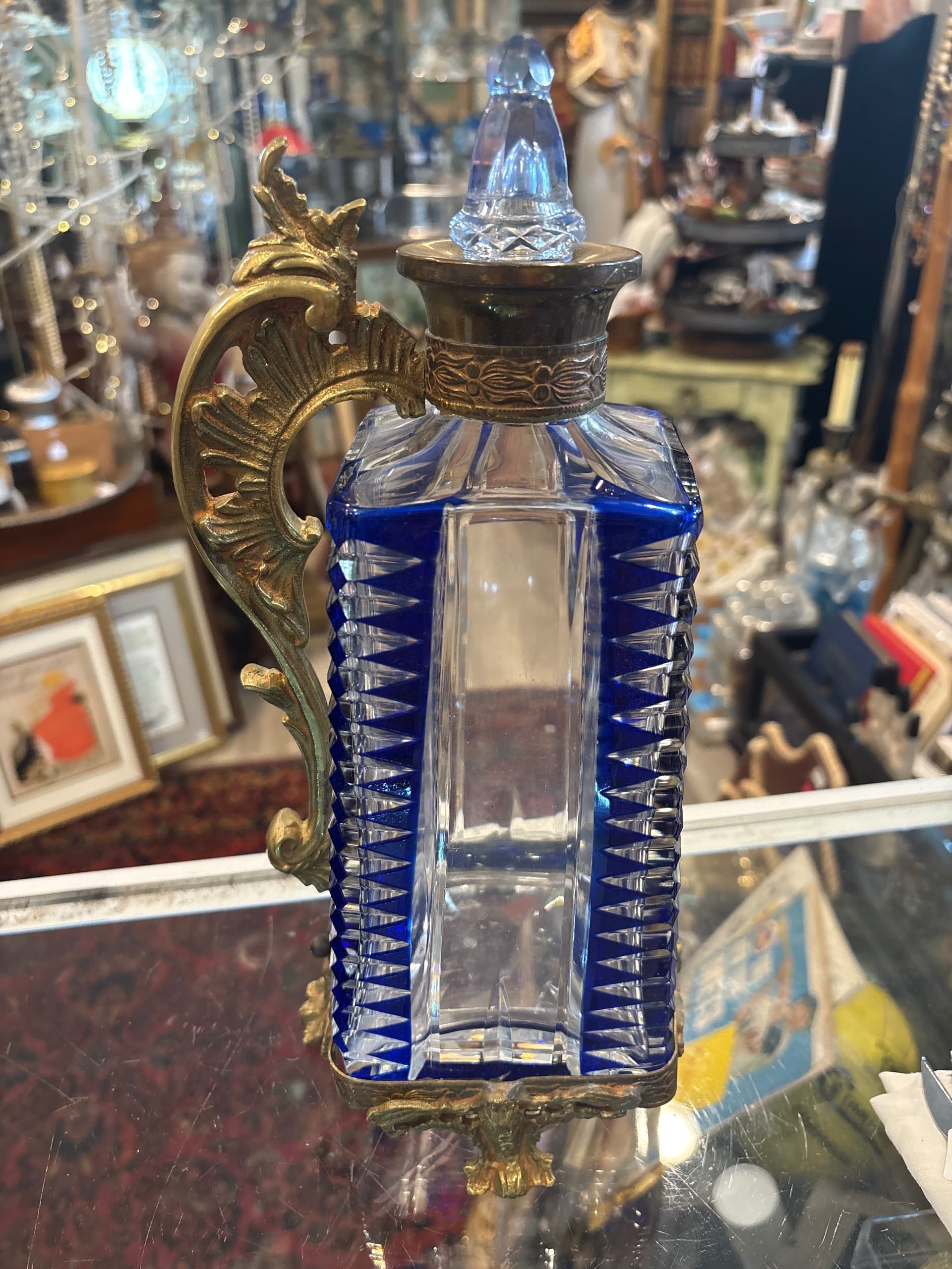 19th C. Cobalt Blue Cut-to-Clear Crystal Ewer, Gilt Mounts (1205) - Regular - Thumbnail 3