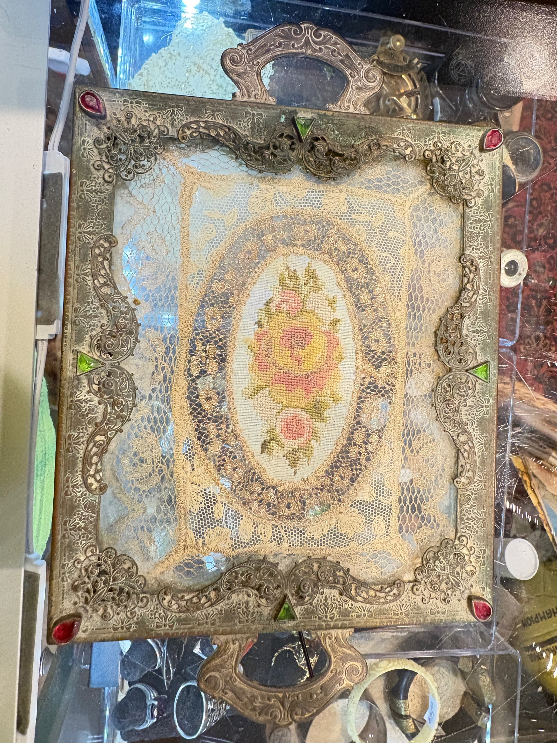 Antique Jeweled Ormolu-Style Decorative Panel with Metallic Lace & Petit Point Floral Medallion, 6x5” - Regular - Thumbnail 3