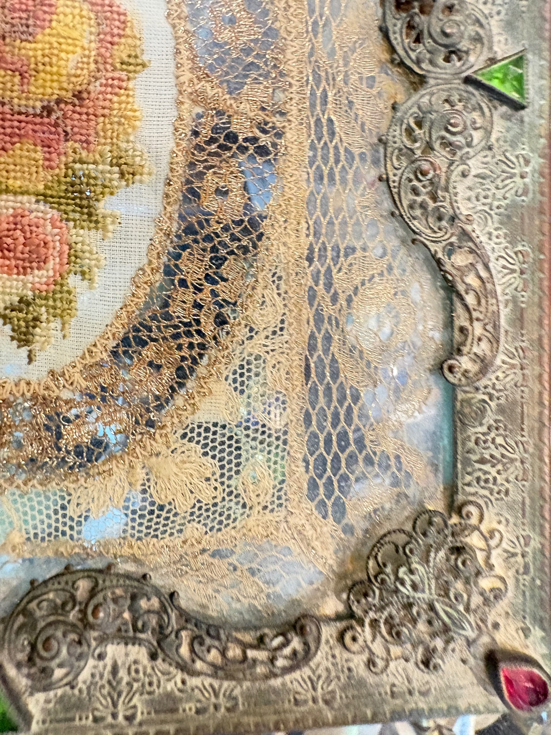 Antique Jeweled Ormolu-Style Decorative Panel with Metallic Lace & Petit Point Floral Medallion, 6x5” - Regular - Thumbnail 5