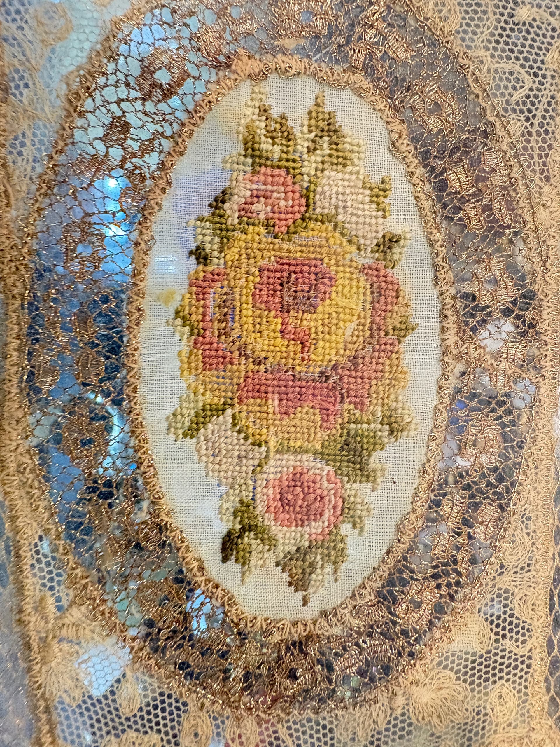 Antique Jeweled Ormolu-Style Decorative Panel with Metallic Lace & Petit Point Floral Medallion, 6x5” - Regular - Thumbnail 6