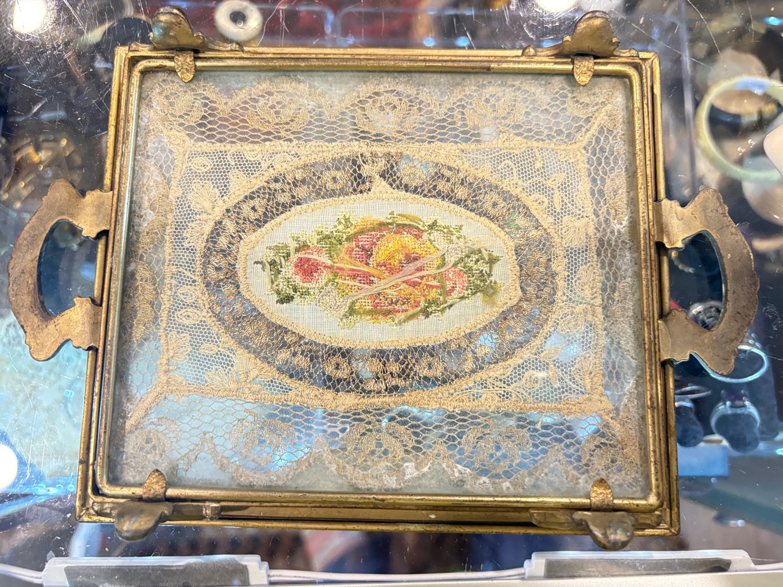 Antique Jeweled Ormolu-Style Decorative Panel with Metallic Lace & Petit Point Floral Medallion, 6x5” - Regular - Thumbnail 2