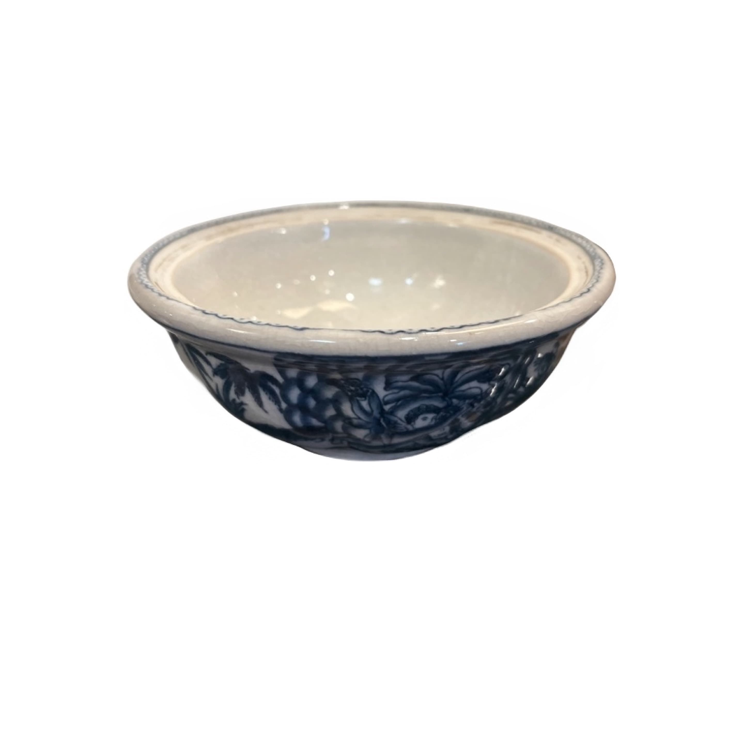 Genuine Antique Blue & White Crackle Glaze Bowl, Peony Motif, Crest Mark, 6”x2.5” - Regular - Image 1