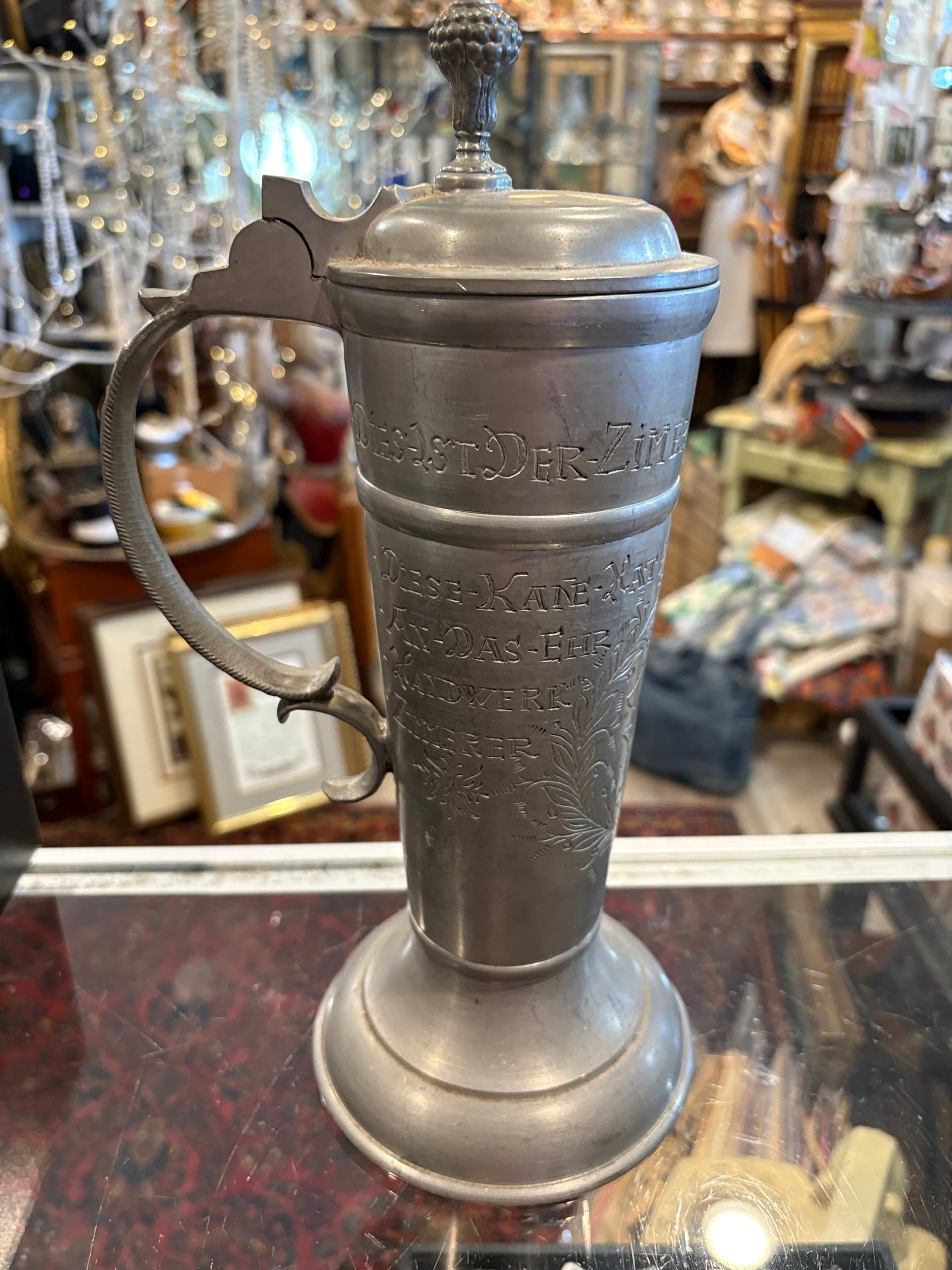 Antique German Pewter Guild Tankard Zunftkanne Carpenters Zimmerer Engraved Lid (1120) - Regular - Image 1