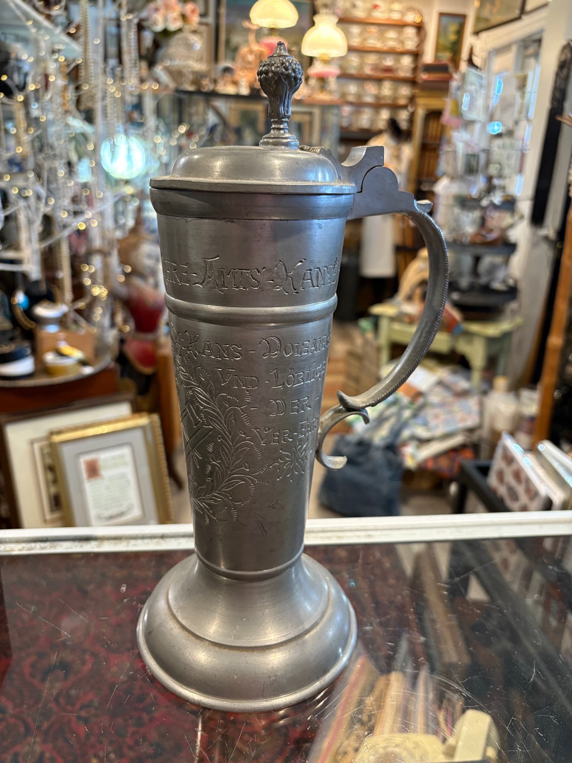 Antique German Pewter Guild Tankard Zunftkanne Carpenters Zimmerer Engraved Lid (1120) - Regular - Thumbnail 2