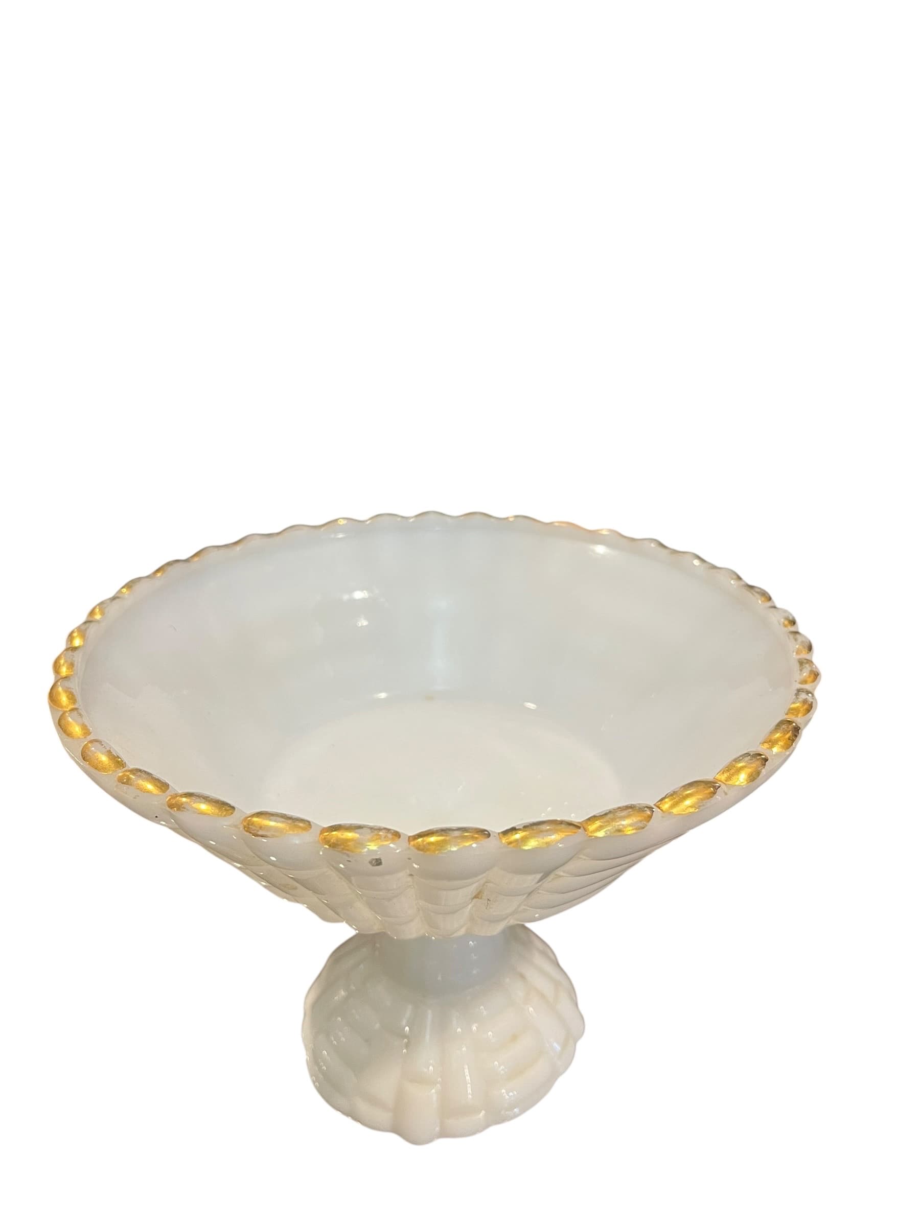 Milk Glass Pedestal Compote Gold Beaded Rim Ribbed Footed Bowl (1270) - Regular - Thumbnail 4