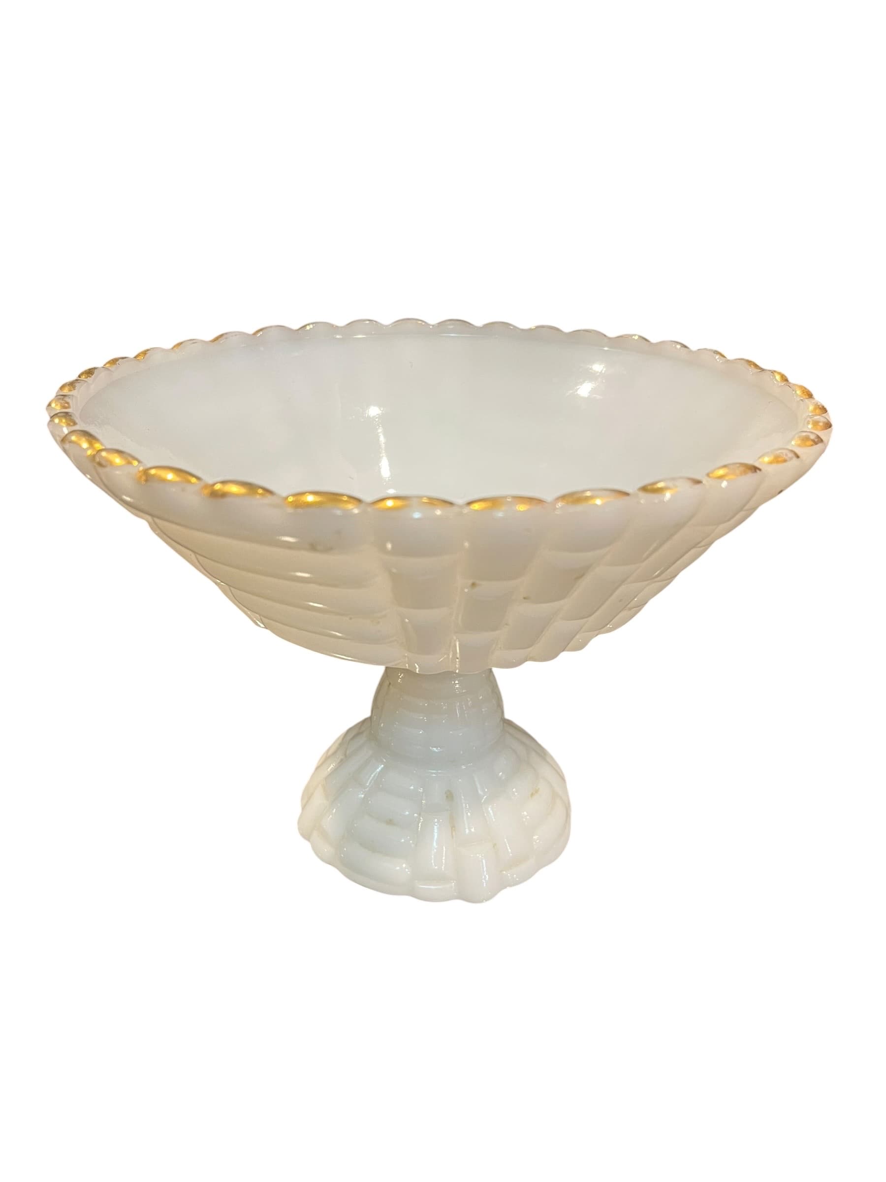 Milk Glass Pedestal Compote Gold Beaded Rim Ribbed Footed Bowl (1270) - Regular - Thumbnail 2