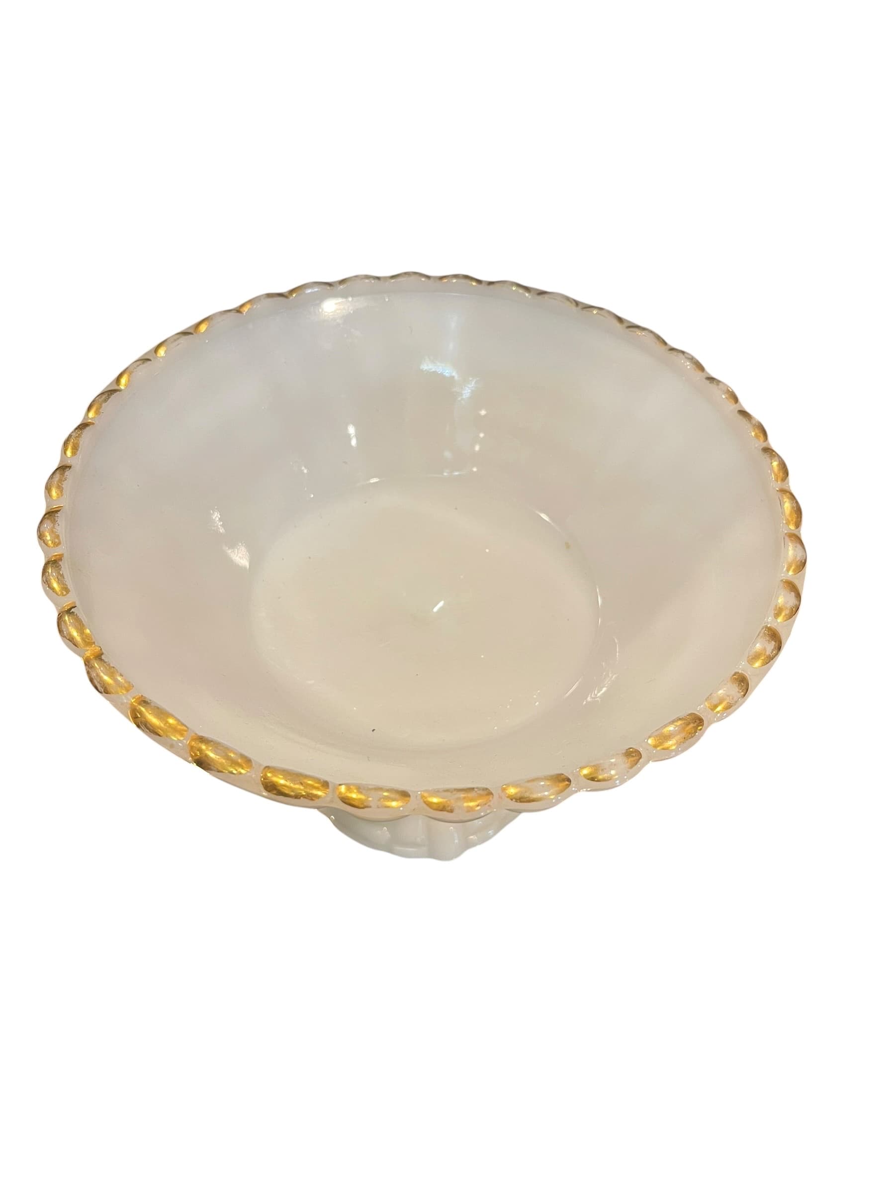 Milk Glass Pedestal Compote Gold Beaded Rim Ribbed Footed Bowl (1270) - Regular - Thumbnail 3