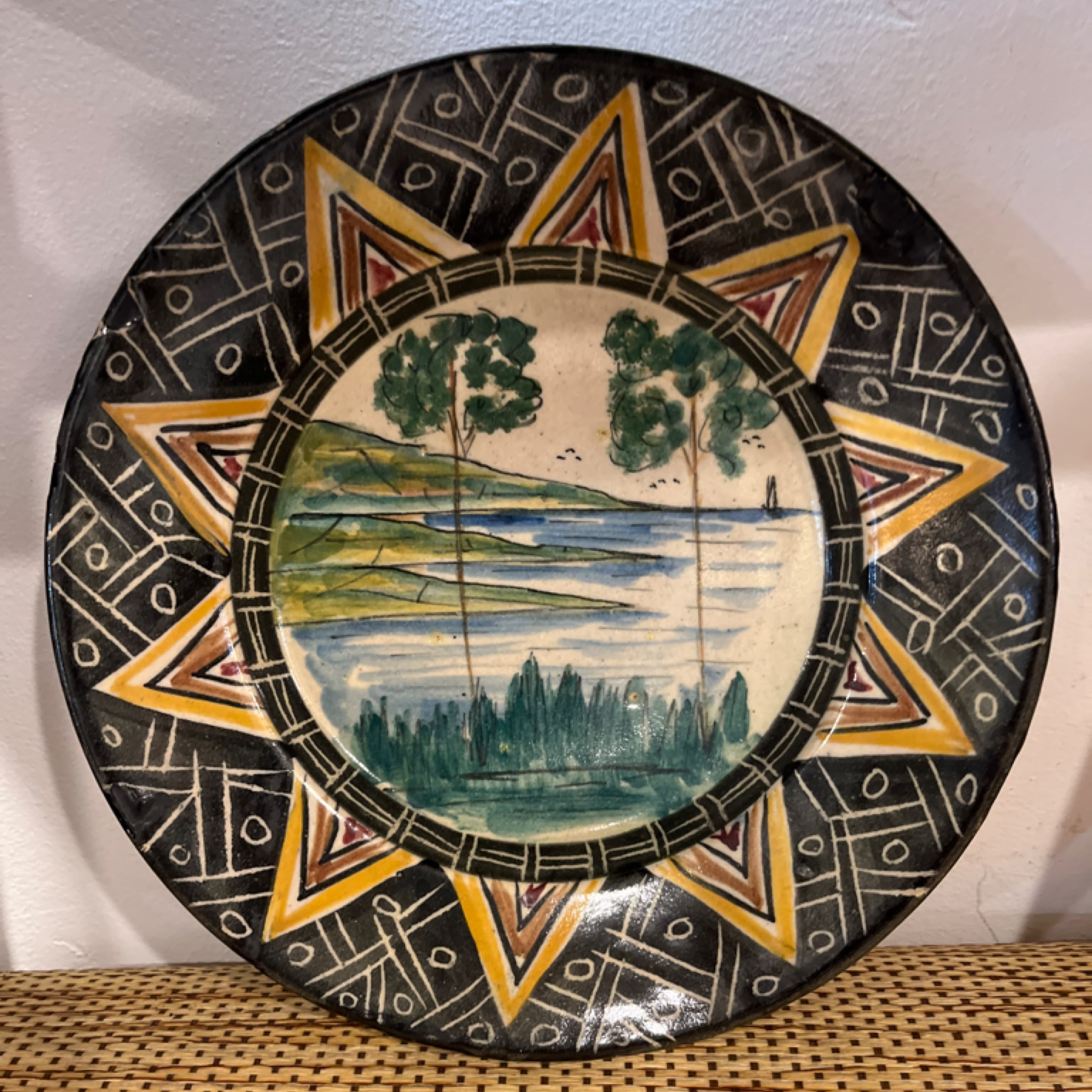 Azorean Folk Art Pottery Wall Plate E. Leite São Miguel Açores Portugal Sgraffito Landscape 11” - Regular - Image 1