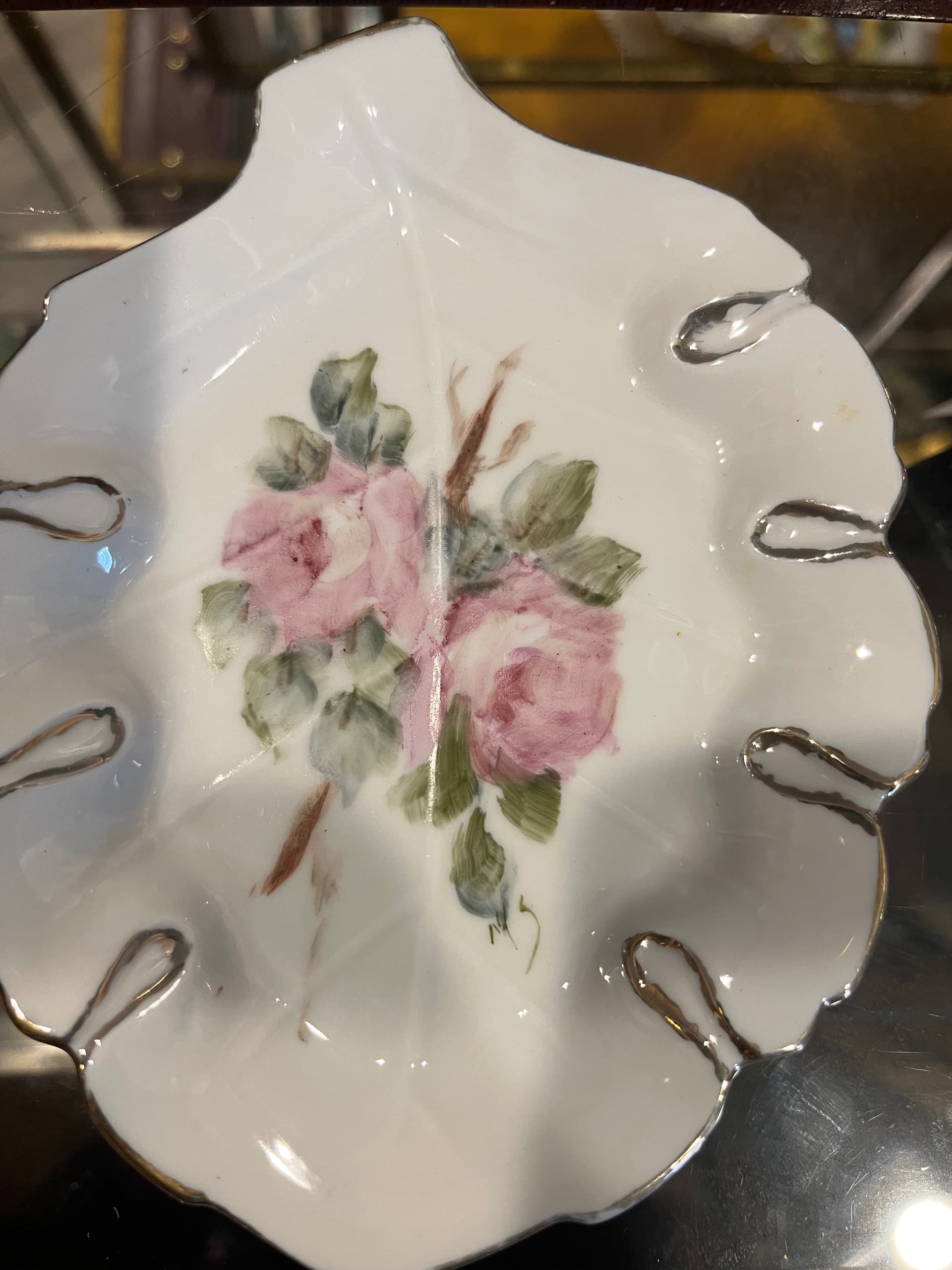 Antique Hand Painted Porcelain Vanity Trinket Dish Pink Roses Signed Artist Initialed Victorian - Regular - Thumbnail 2