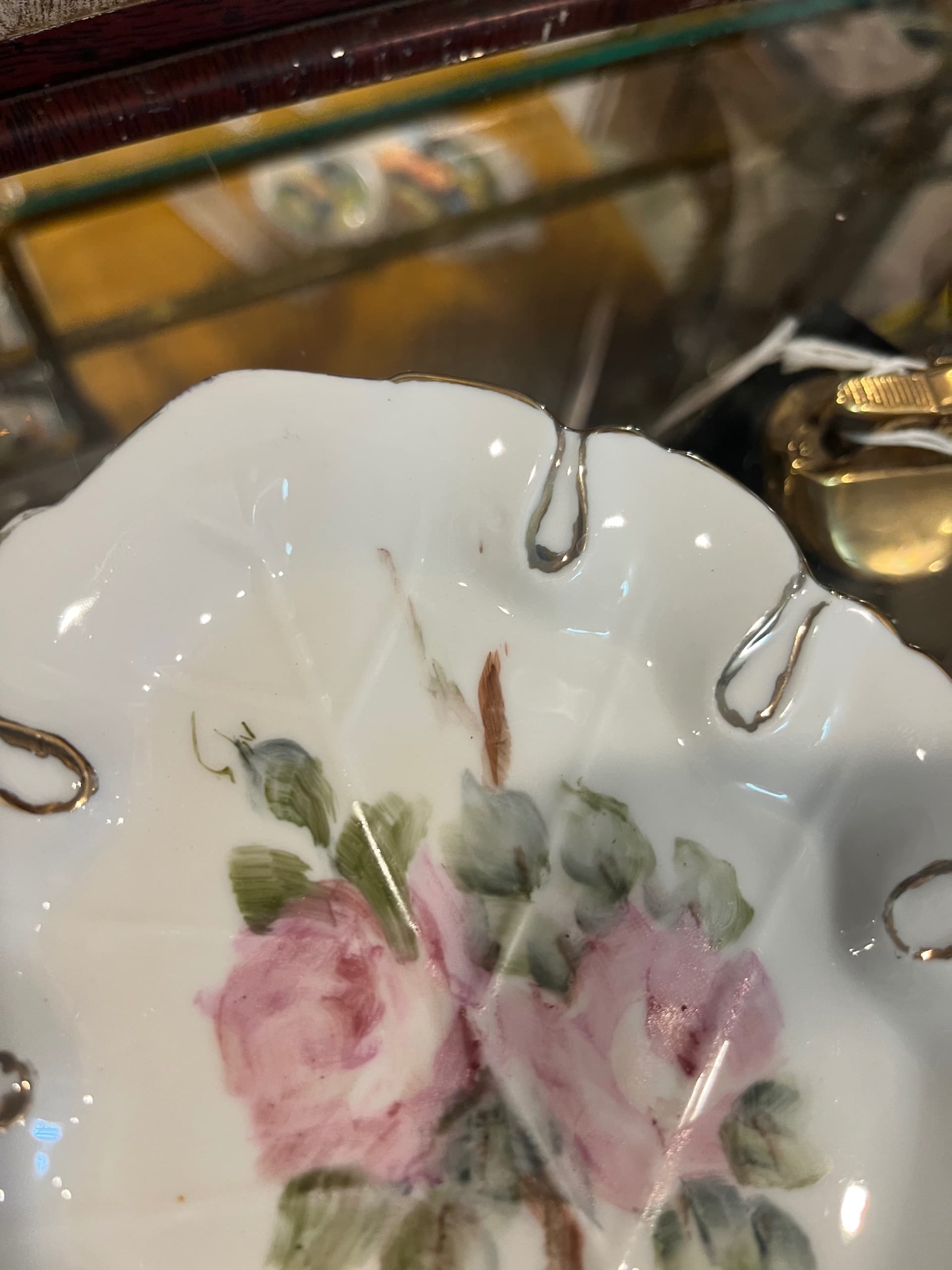 Antique Hand Painted Porcelain Vanity Trinket Dish Pink Roses Signed Artist Initialed Victorian - Regular - Thumbnail 3
