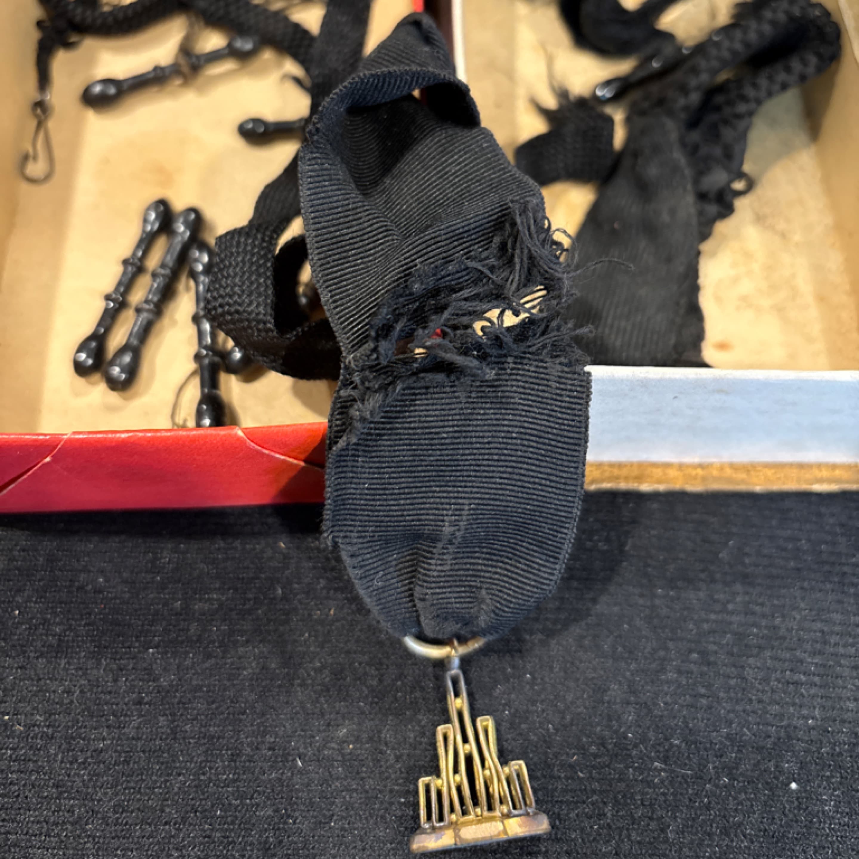 Victorian Mourning Ensemble — Jet Black Frog Closures, Braided Passementerie Trim & Fraternal Mourning Jewel on Black Grosgrain Ribbon | Antique Mourning Dress Accessories Collection - Regular
