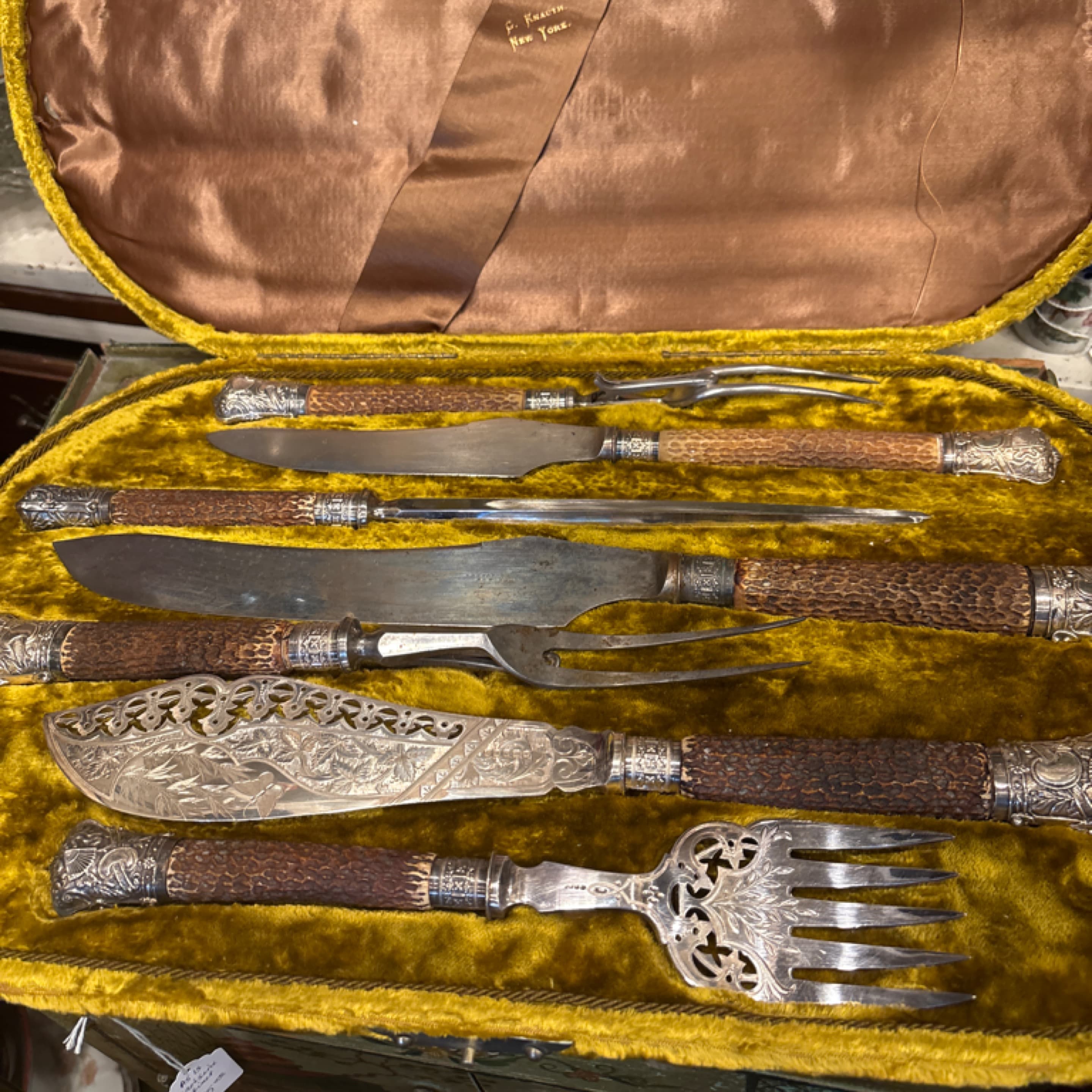 Victorian Cased Carving Set Fish Slice Stag Horn Handles 1881 G Knauth New York Silverplate - Regular - Thumbnail 2