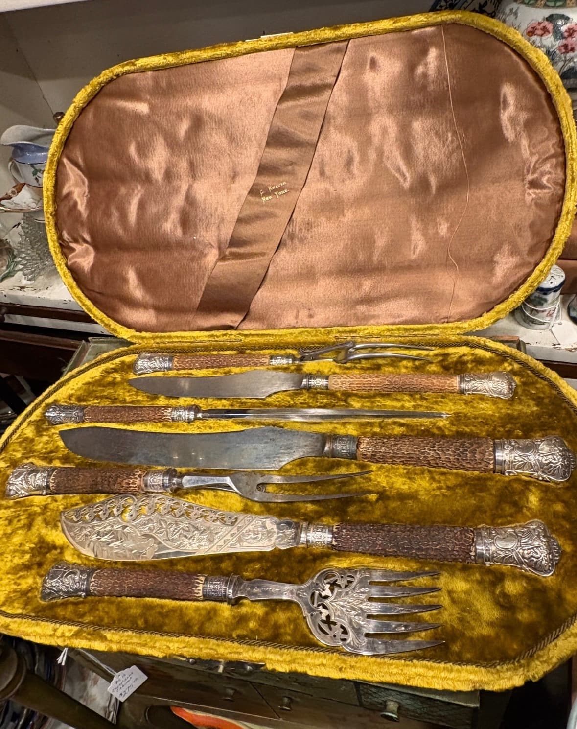 Victorian Cased Carving Set Fish Slice Stag Horn Handles 1881 G Knauth New York Silverplate - Regular