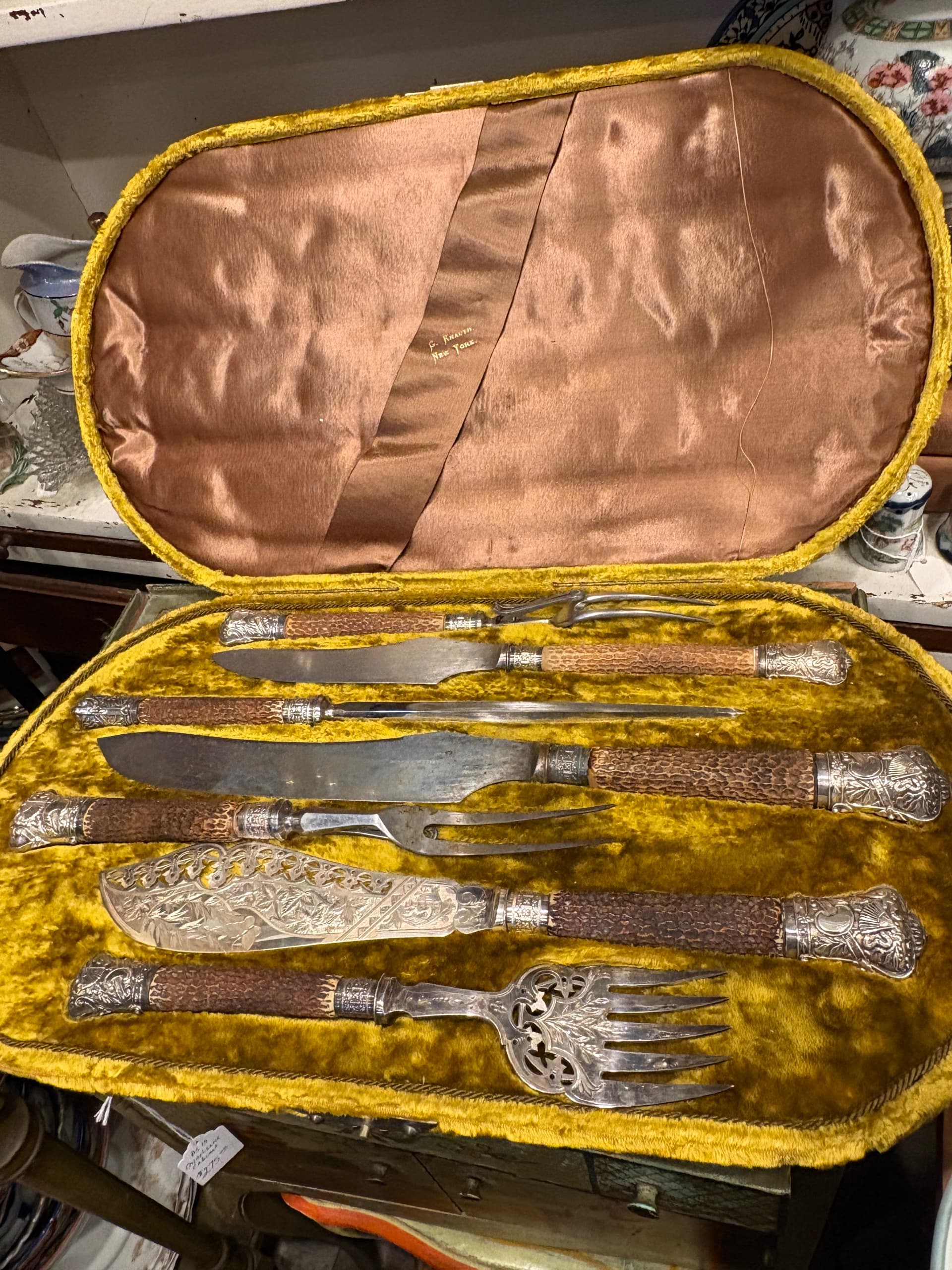 Victorian Cased Carving Set Fish Slice Stag Horn Handles 1881 G Knauth New York Silverplate - Regular - Thumbnail 5