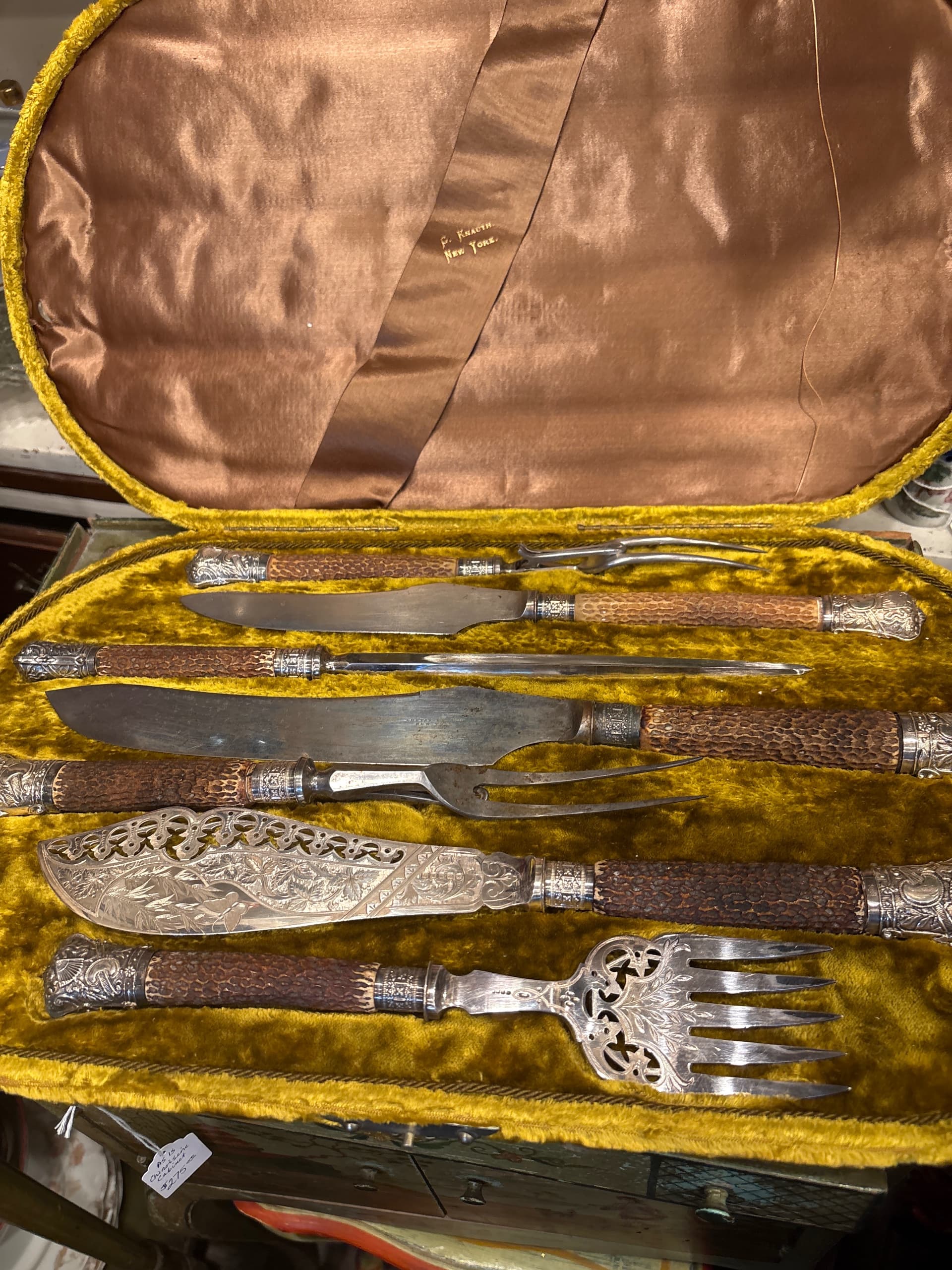 Victorian Cased Carving Set Fish Slice Stag Horn Handles 1881 G Knauth New York Silverplate - Regular - Thumbnail 9
