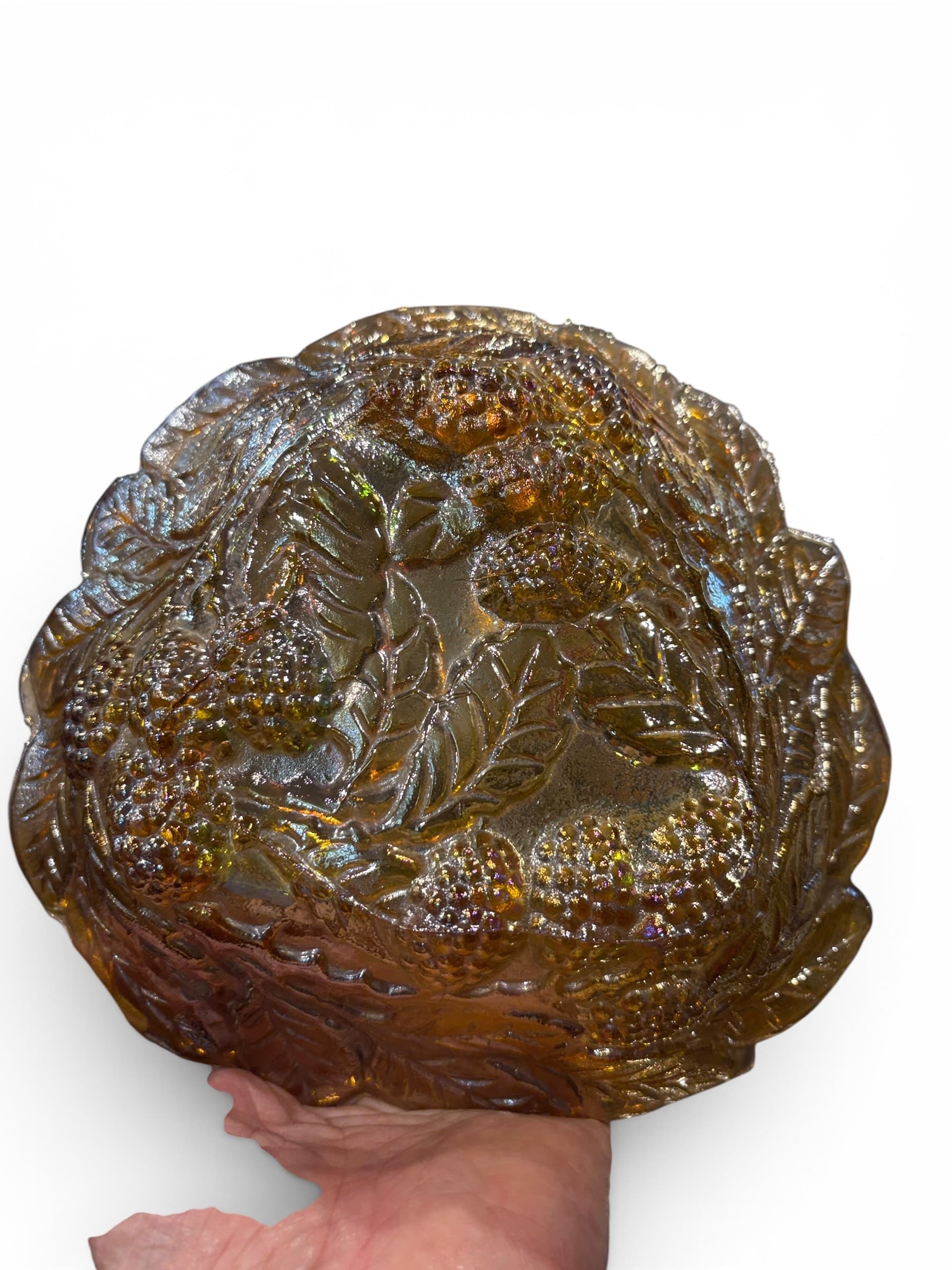 Vintage Marigold Carnival Glass Bowl / Bramble Berry Leaf Pattern - Regular - Thumbnail 4