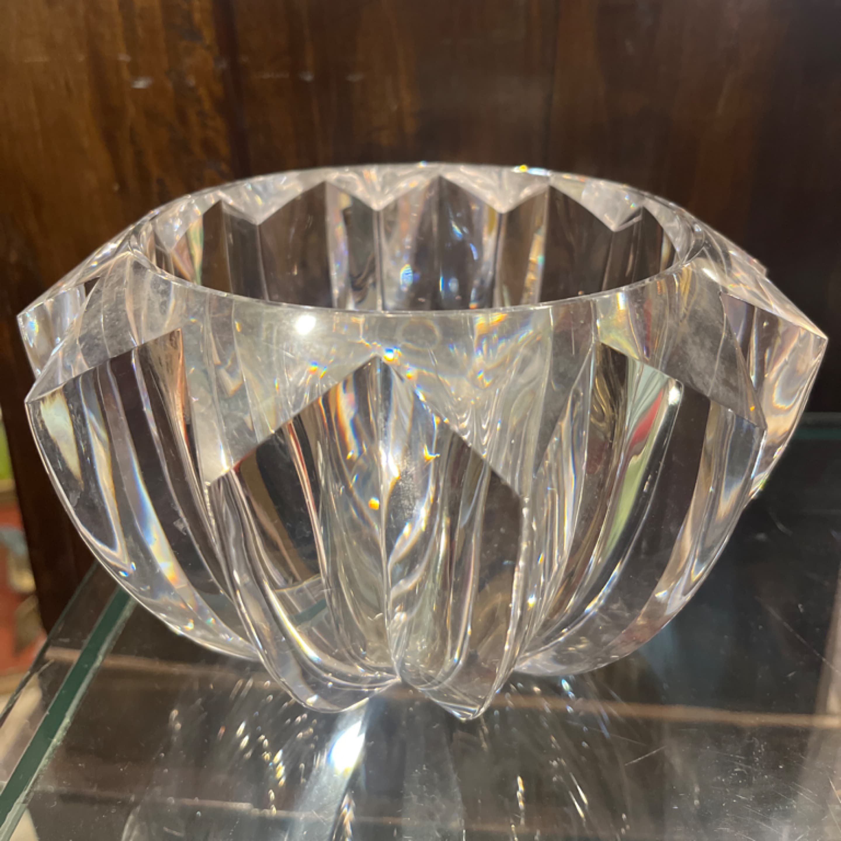 Vintage Heavy Faceted Lucite Acrylic Bowl 5” Crystal Clear Deep Cut Panels 1970s 1980s zy - Regular