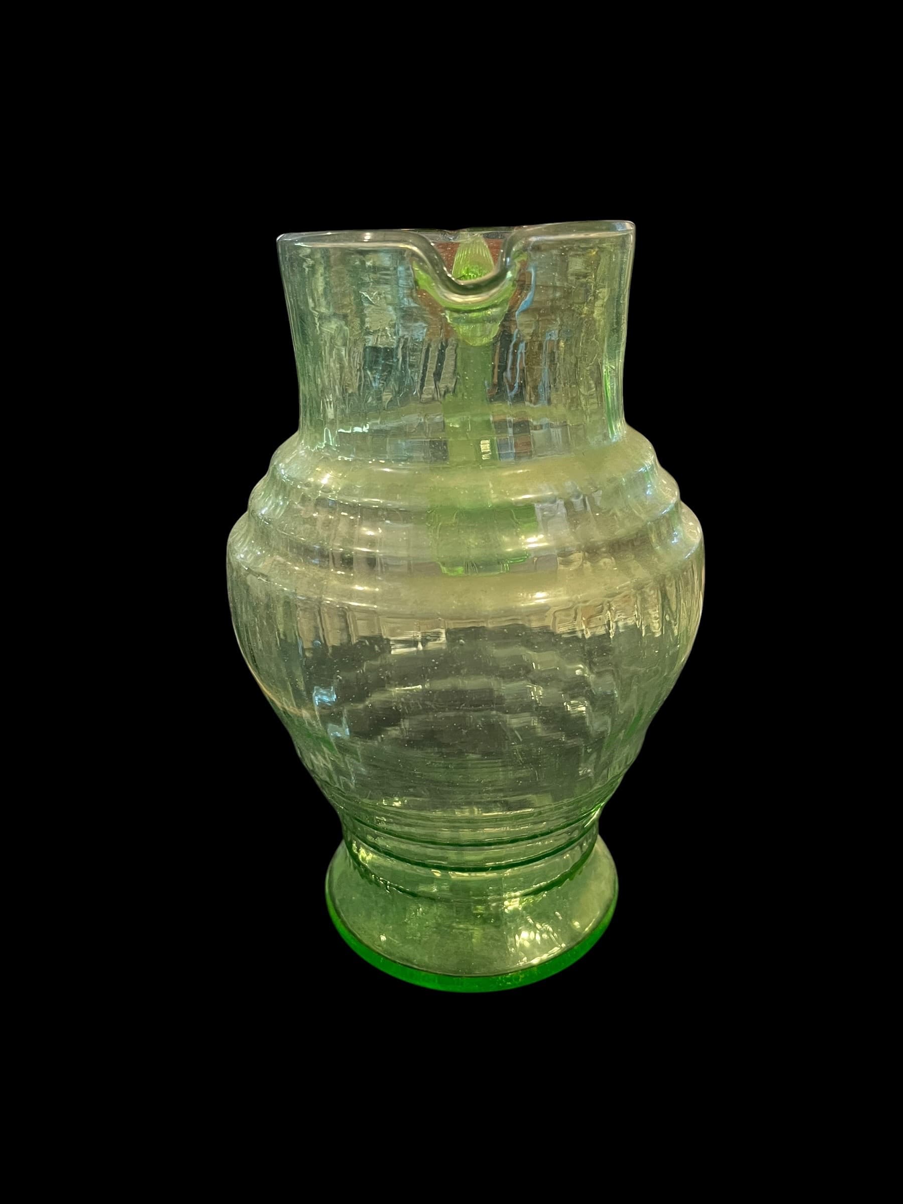 Depression Era Uranium Vaseline Glass Pitcher, Ribbed Beehive Form, c. 1930s - Regular - Thumbnail 4