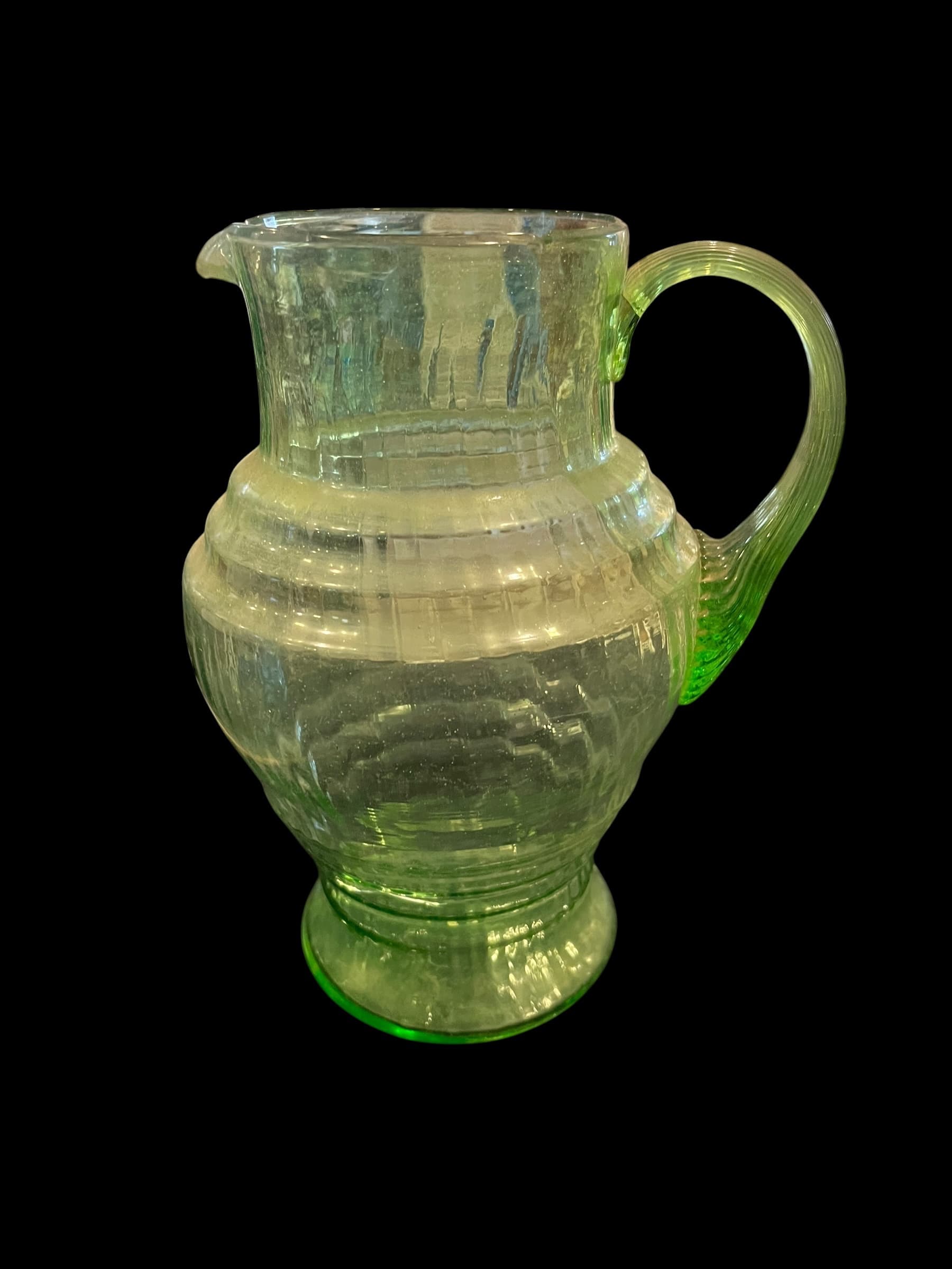 Depression Era Uranium Vaseline Glass Pitcher, Ribbed Beehive Form, c. 1930s - Regular - Thumbnail 2