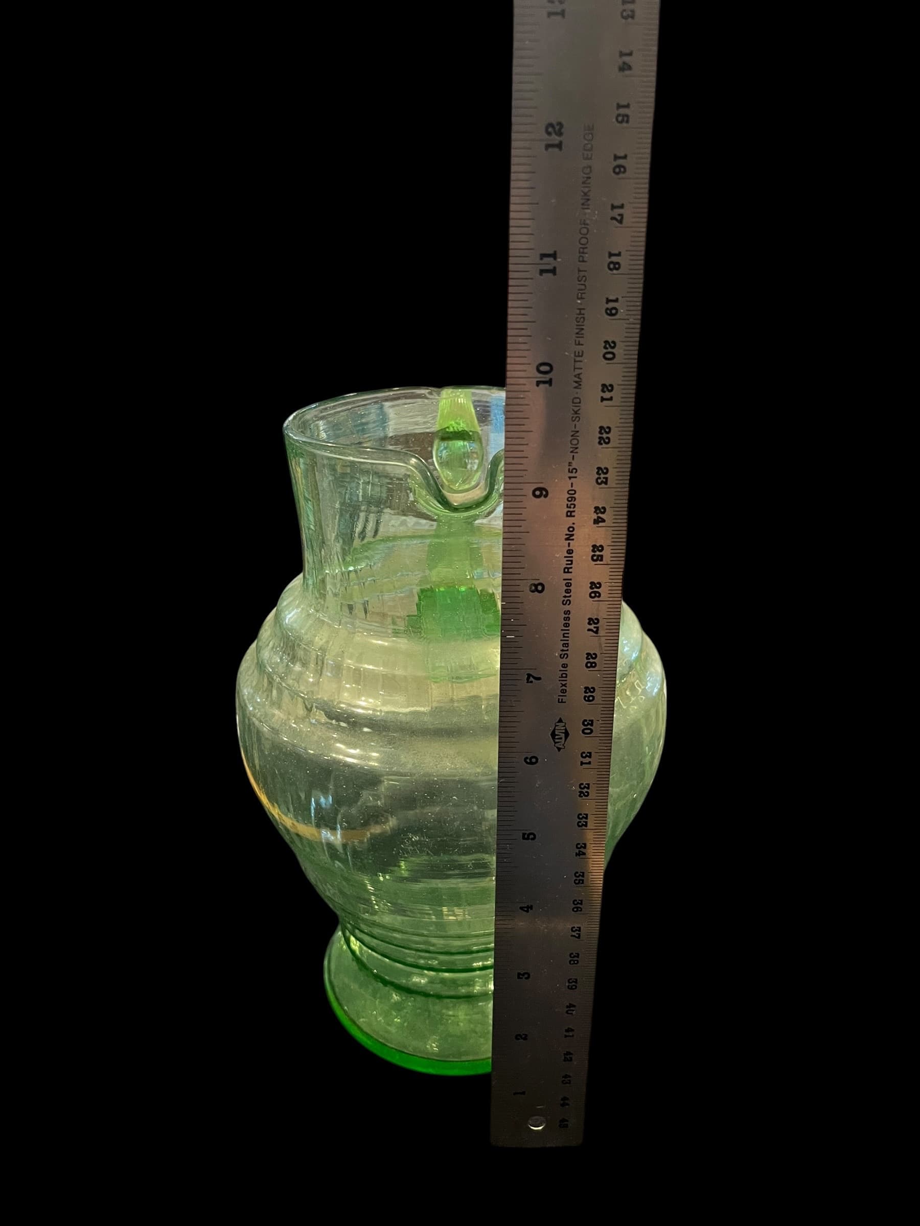 Depression Era Uranium Vaseline Glass Pitcher, Ribbed Beehive Form, c. 1930s - Regular - Thumbnail 5