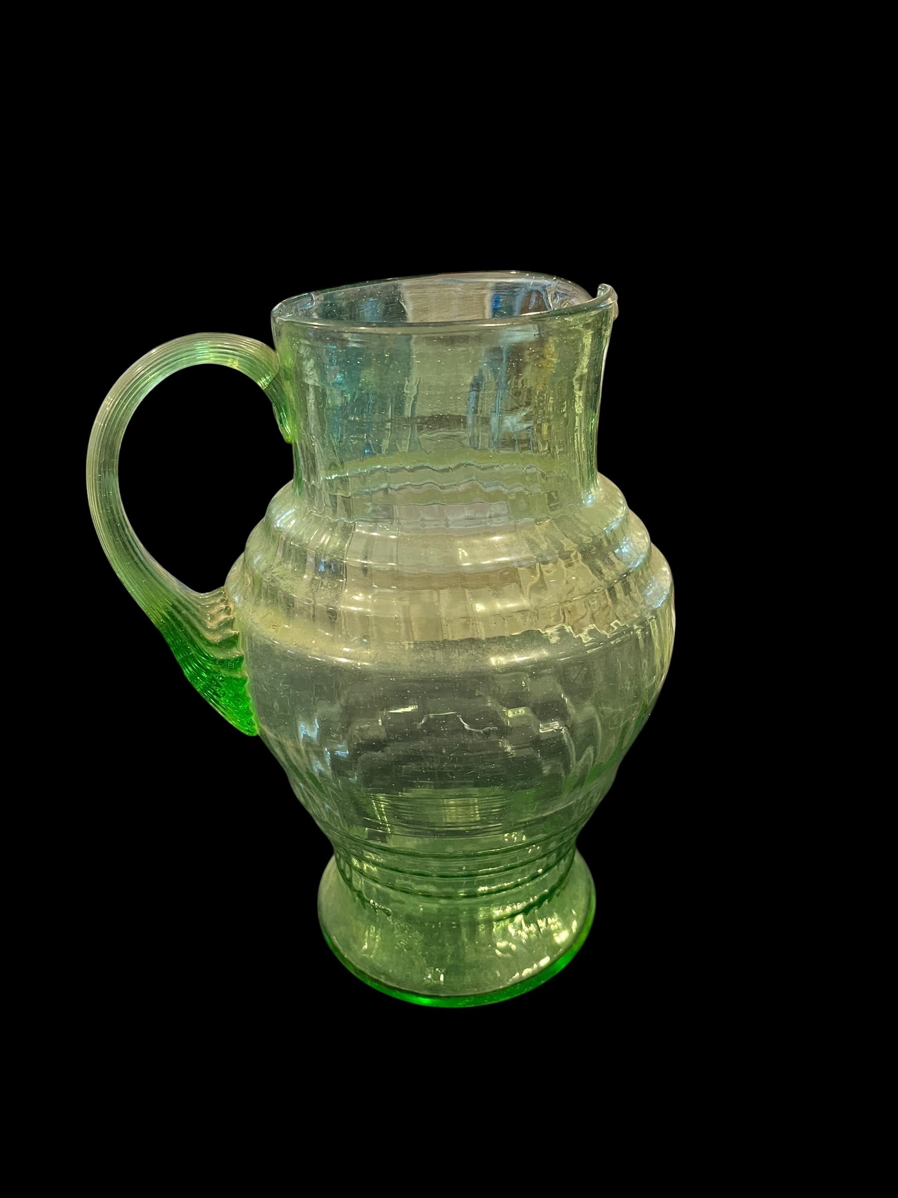 Depression Era Uranium Vaseline Glass Pitcher, Ribbed Beehive Form, c. 1930s - Regular