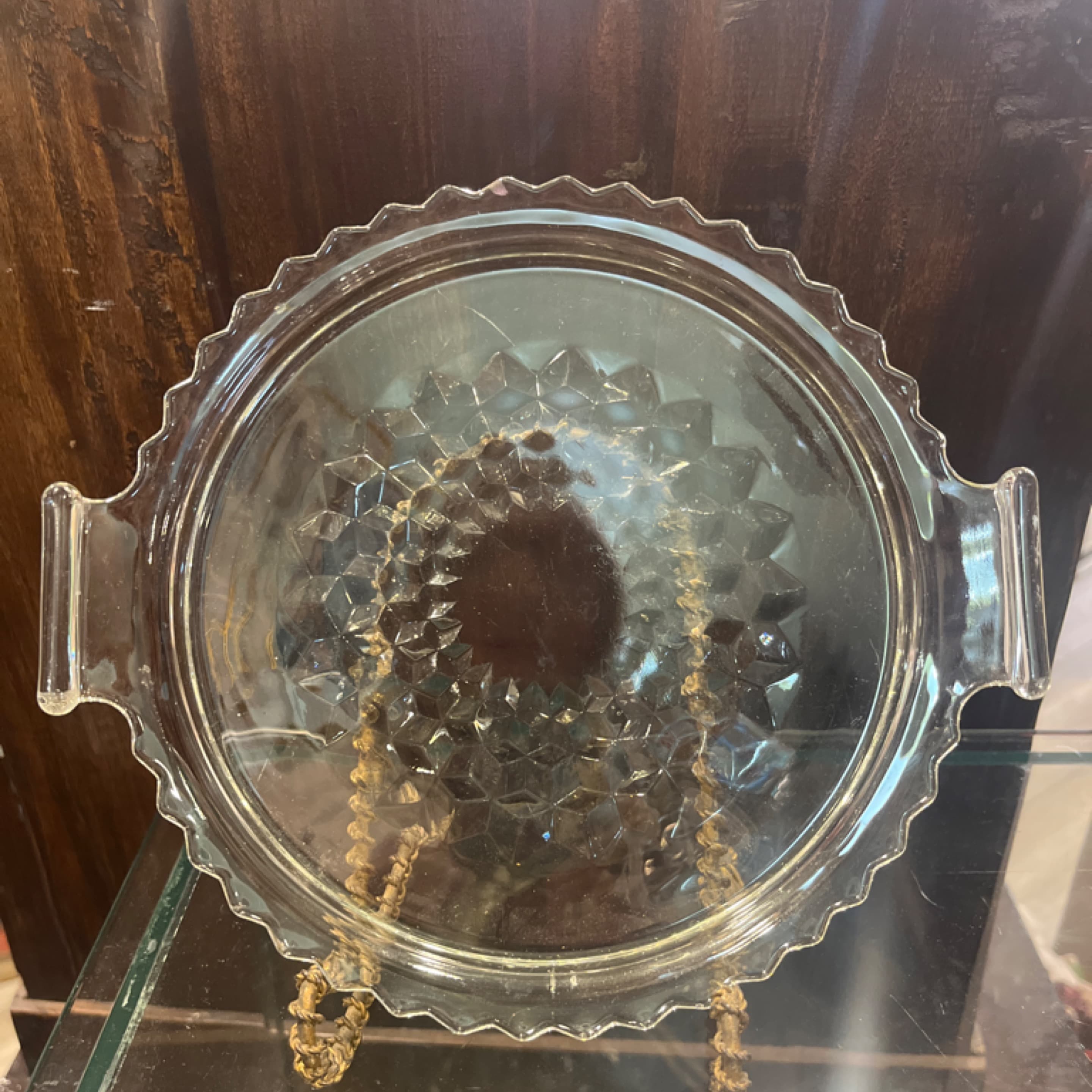 Vintage Clear Pressed Glass Handled Serving Plate 7.25” Diamond Hobnail Pattern Sawtooth Rim Unmarked - Regular
