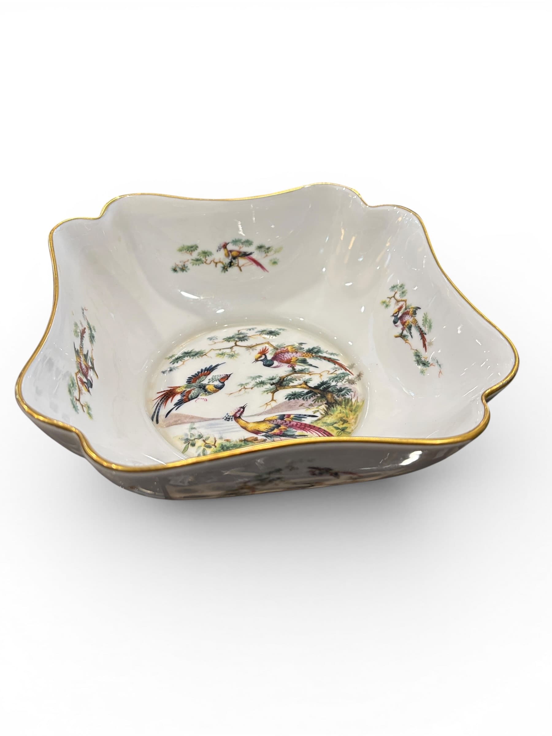 Limoges France Porcelain Square Bowl – Hand-Painted Pheasant & Exotic Bird Motif, Gold Rim-1269 - Regular