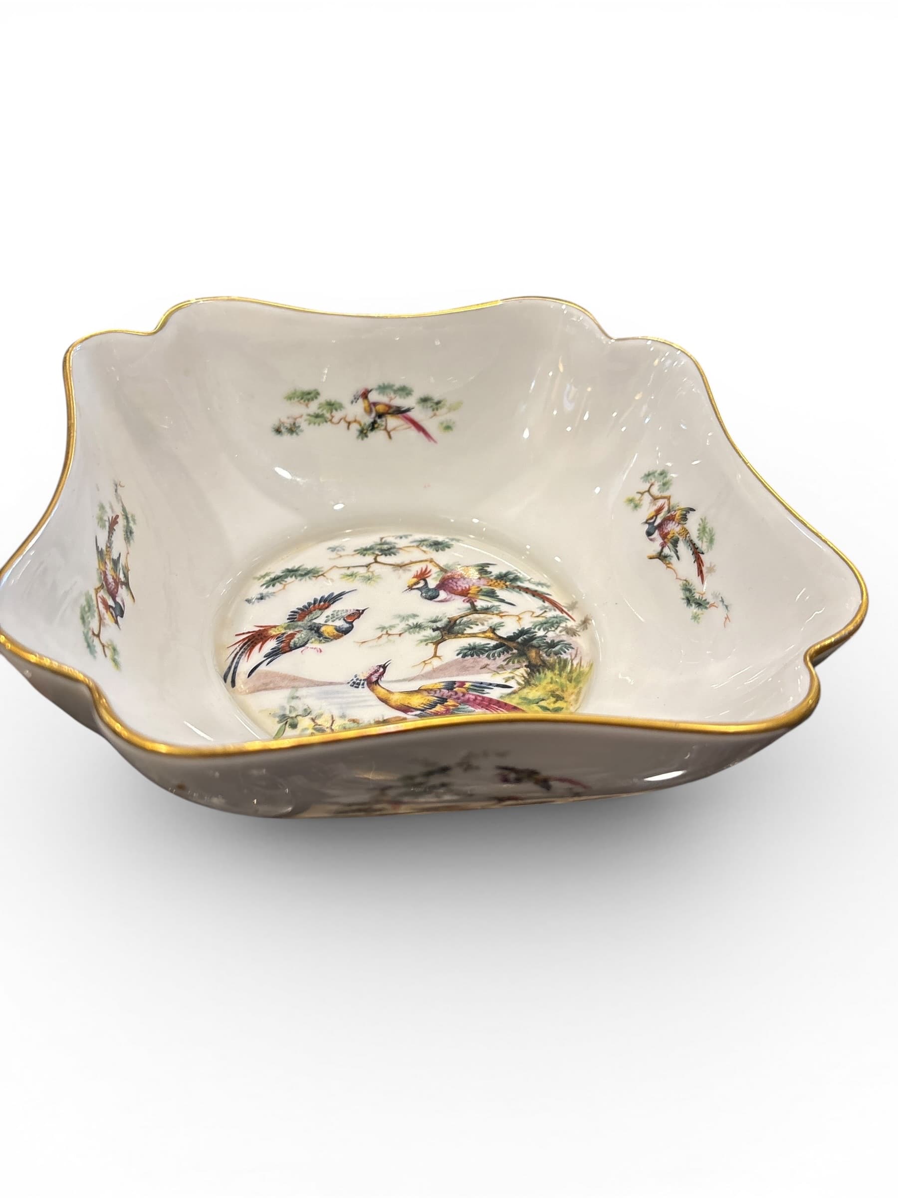 Limoges France Porcelain Square Bowl – Hand-Painted Pheasant & Exotic Bird Motif, Gold Rim-1269 - Regular - Thumbnail 3
