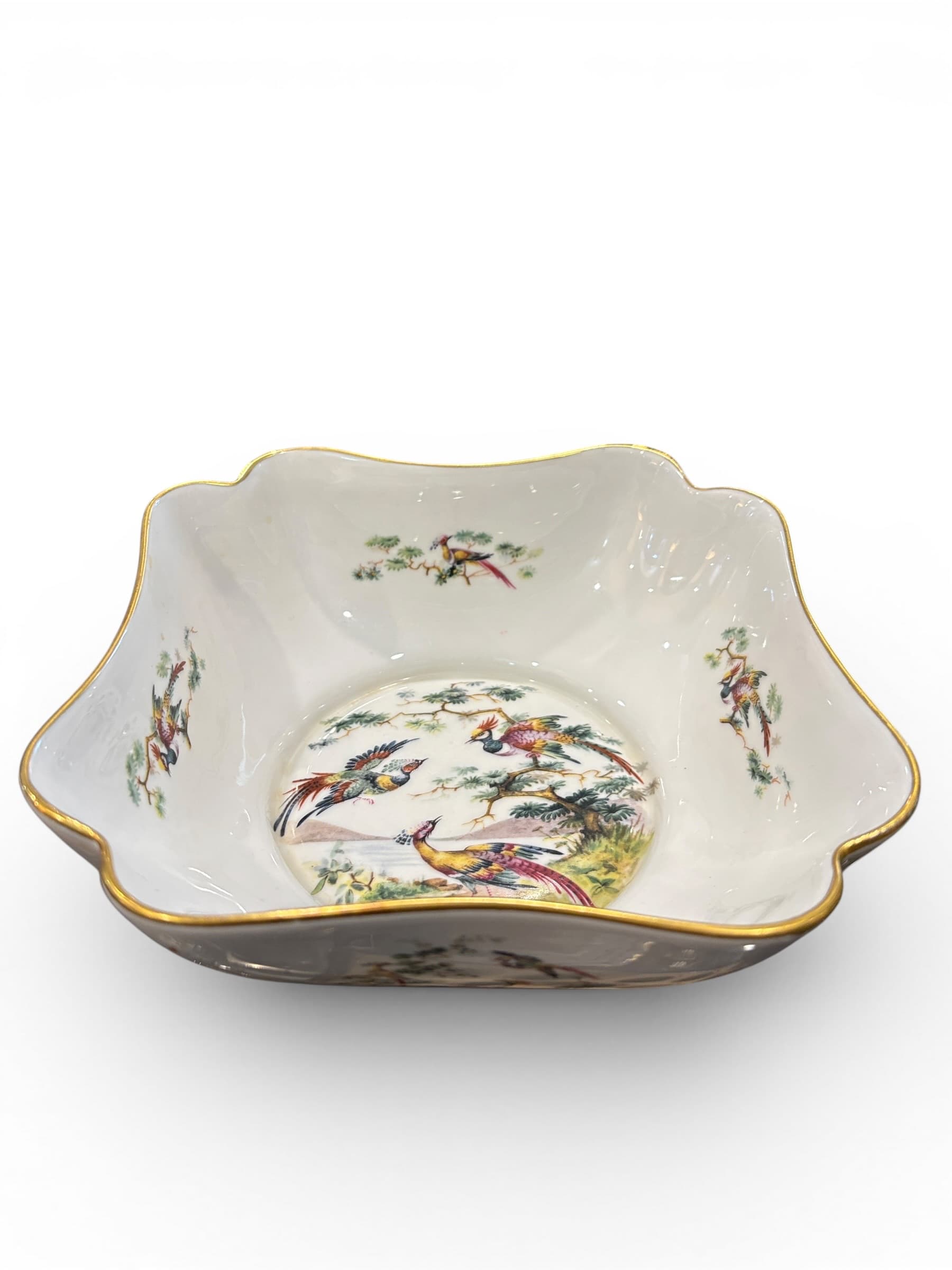 Limoges France Porcelain Square Bowl – Hand-Painted Pheasant & Exotic Bird Motif, Gold Rim-1269 - Regular - Thumbnail 6