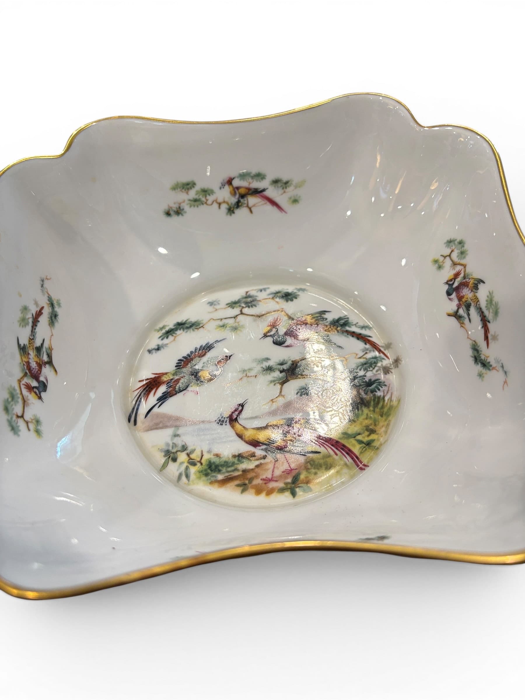Limoges France Porcelain Square Bowl – Hand-Painted Pheasant & Exotic Bird Motif, Gold Rim-1269 - Regular - Thumbnail 5