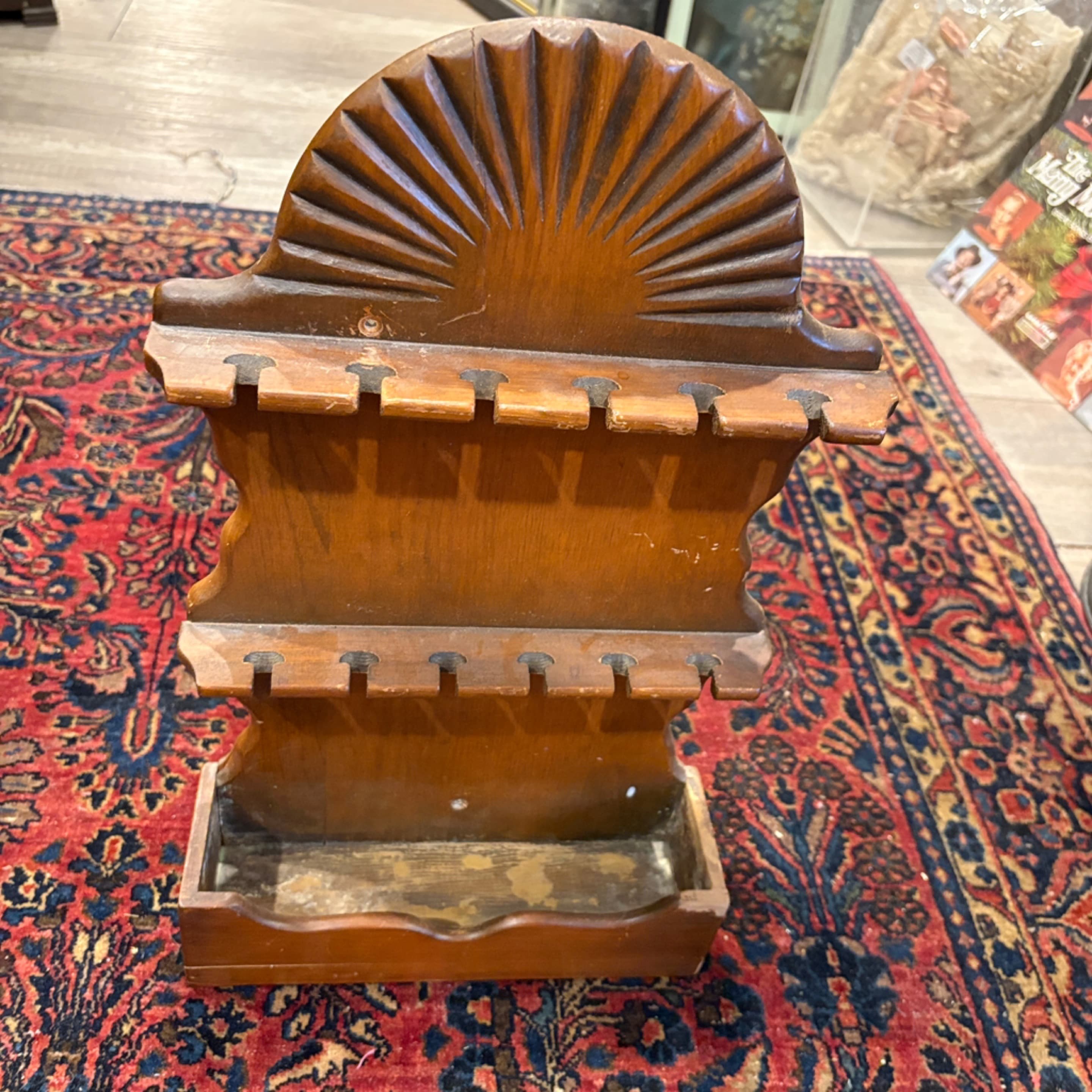 Antique Wooden Wall-Mount Spoon Rack with Drawer | Colonial Revival Sunburst Crest | 2-Tier Display | Farmhouse Kitchen Decor - Regular