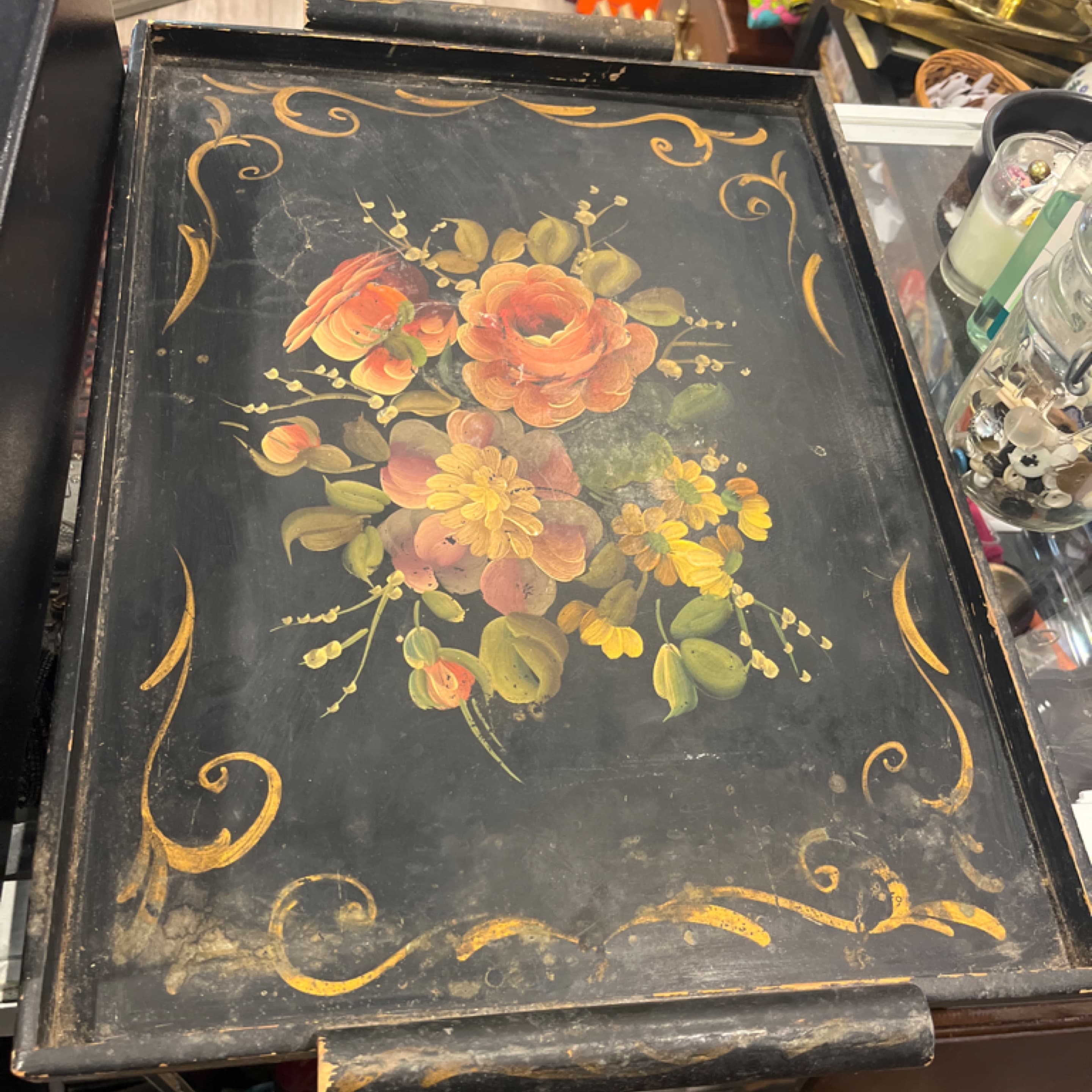 Tole Tray Black Hand Painted Floral Bouquet Gold Scrollwork Wooden Serving Tray Toleware Farmhouse Decor Cottagecore-1270 - Regular