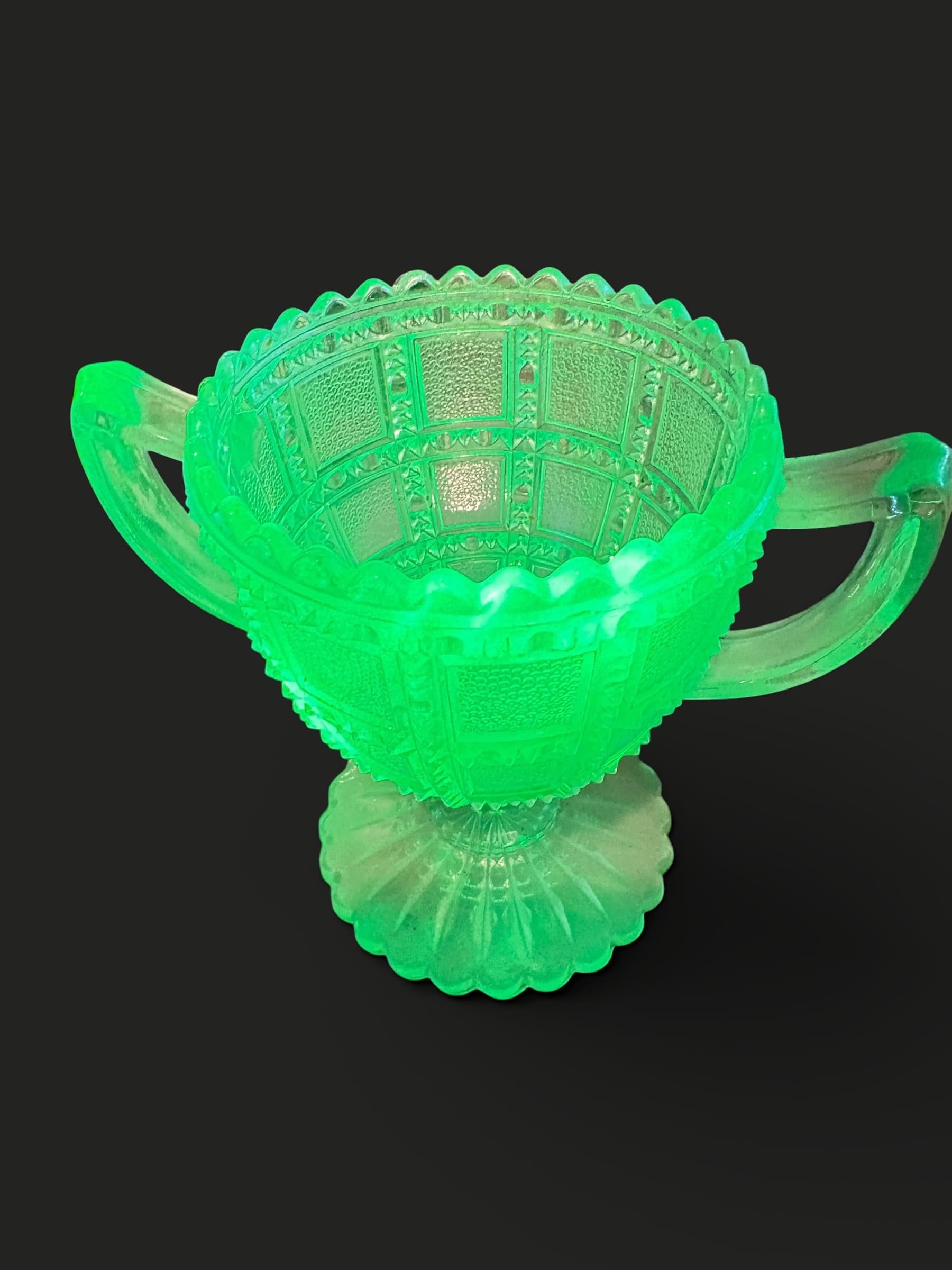 Uranium Glass Open Sugar Bowl | Basketweave Pattern | 1270 - Regular