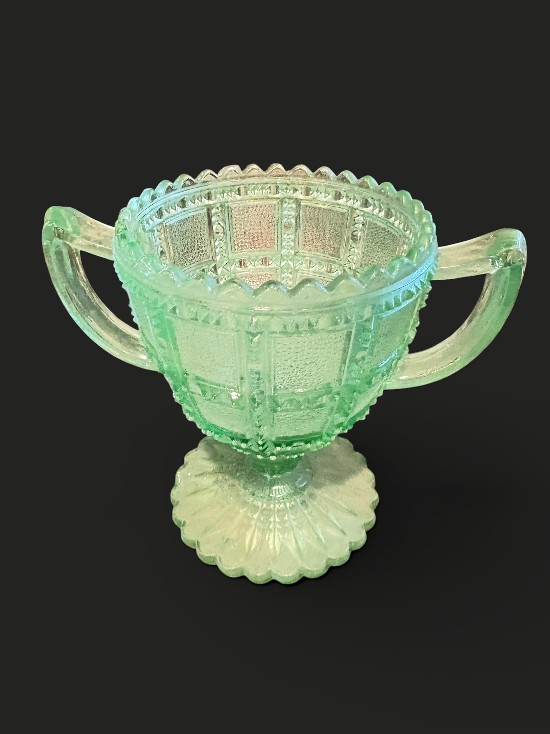 Uranium Glass Open Sugar Bowl | Basketweave Pattern | 1270 - Regular - Thumbnail 2