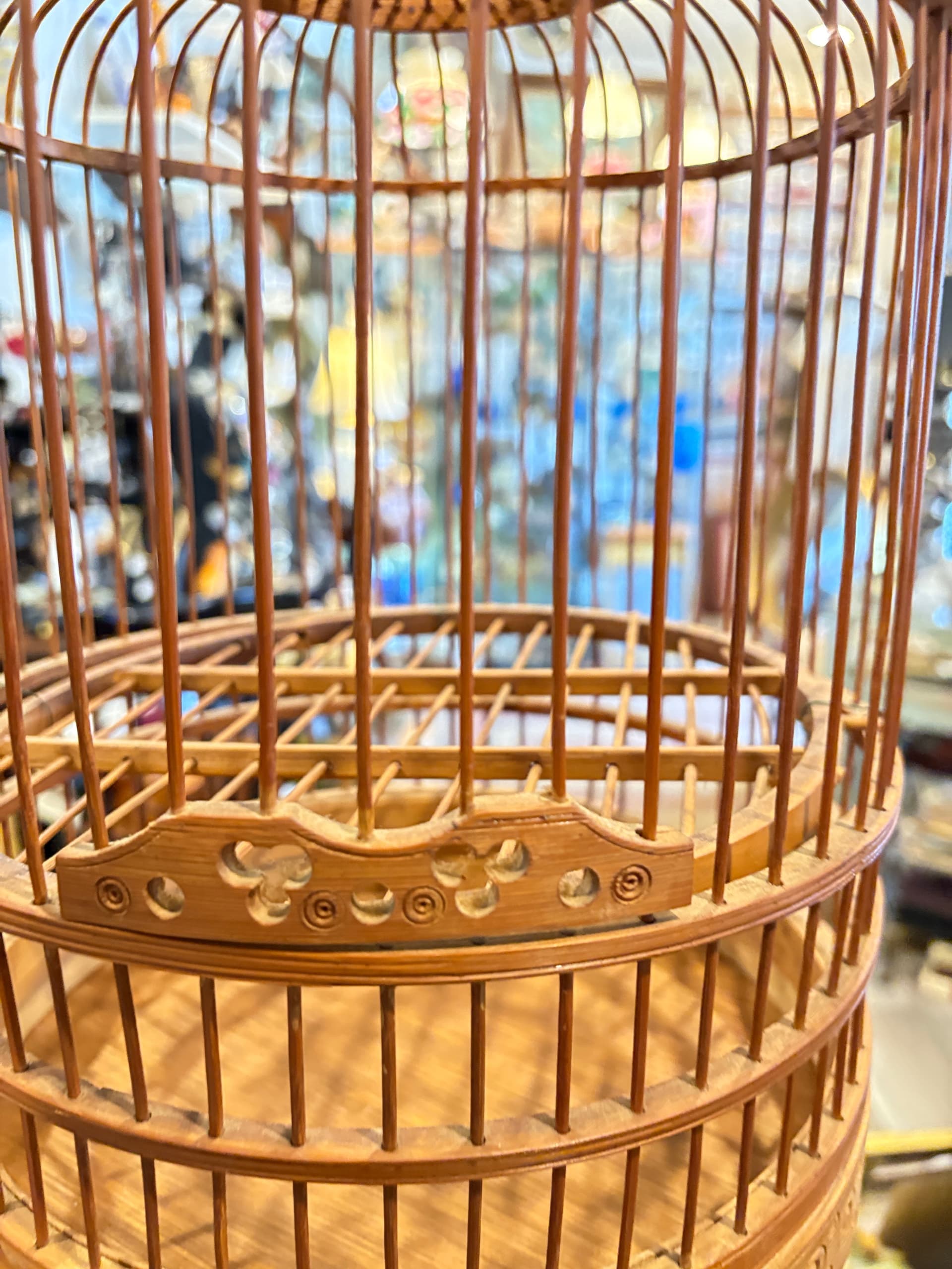 Antique Chinese Bamboo Bird Cage, Domed Cylindrical Form, Carved Base, Hanging Hook-1170 - Regular - Thumbnail 3