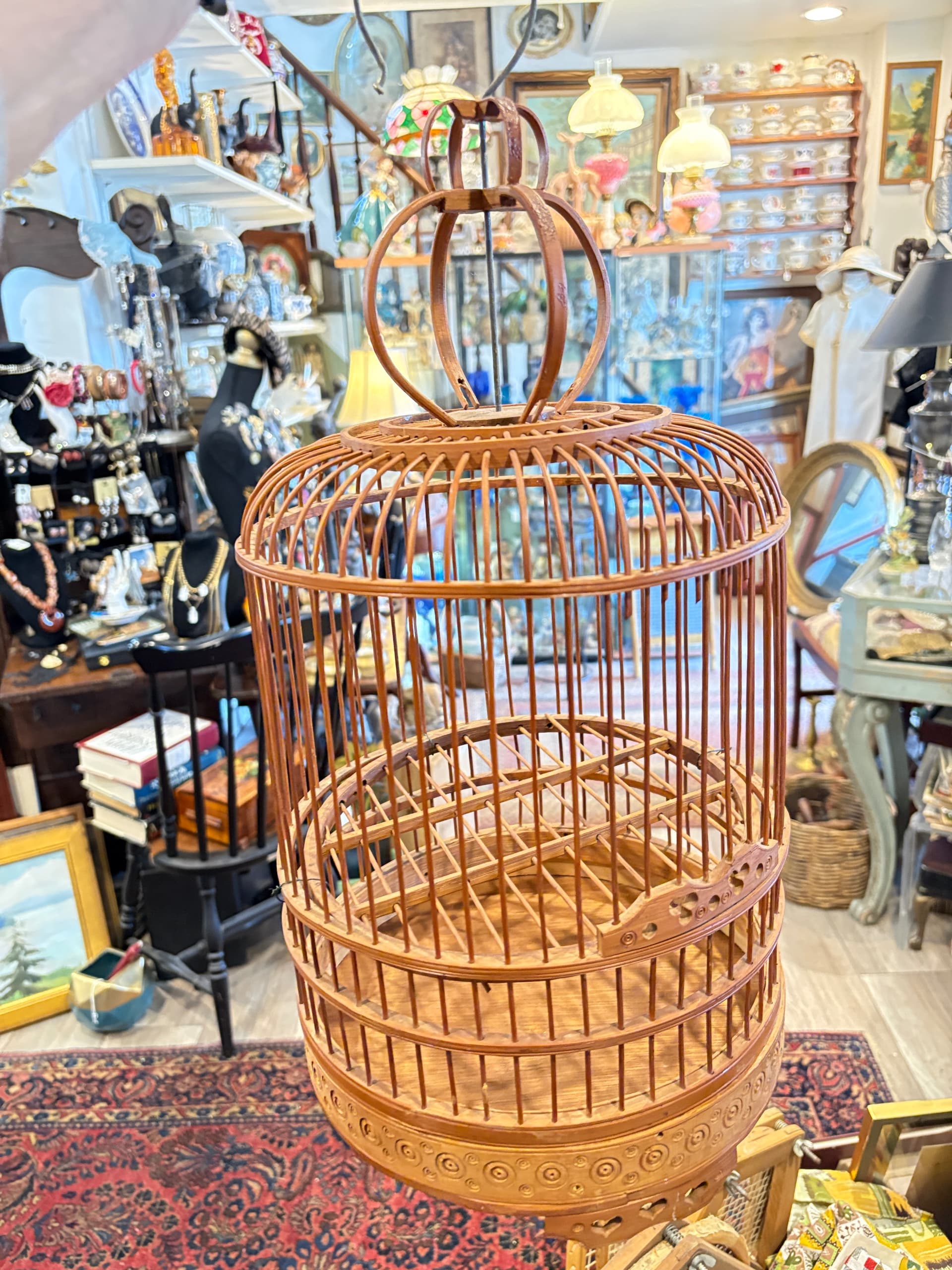 Antique Chinese Bamboo Bird Cage, Domed Cylindrical Form, Carved Base, Hanging Hook-1170 - Regular