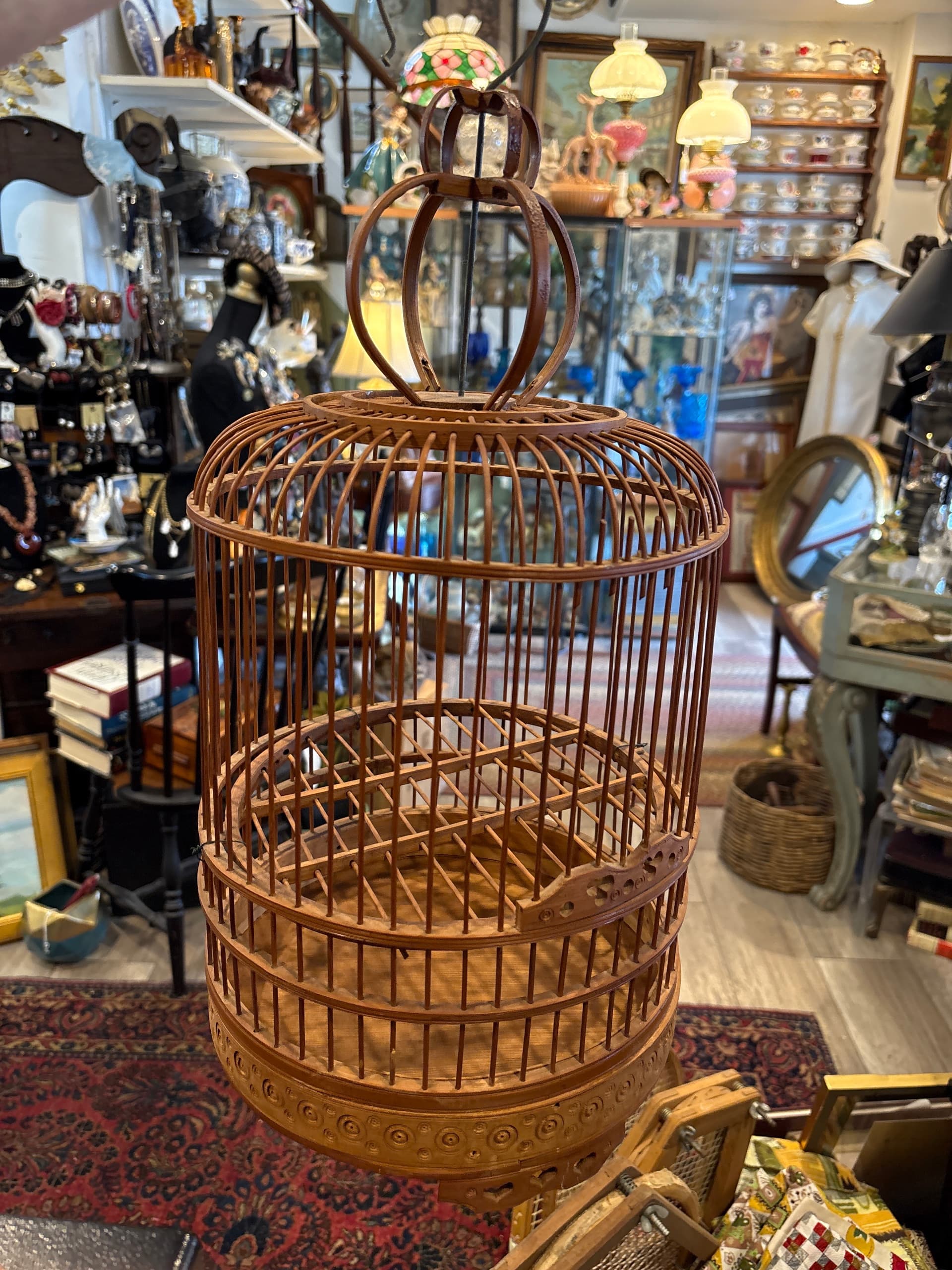 Antique Chinese Bamboo Bird Cage, Domed Cylindrical Form, Carved Base, Hanging Hook-1170 - Regular - Thumbnail 2
