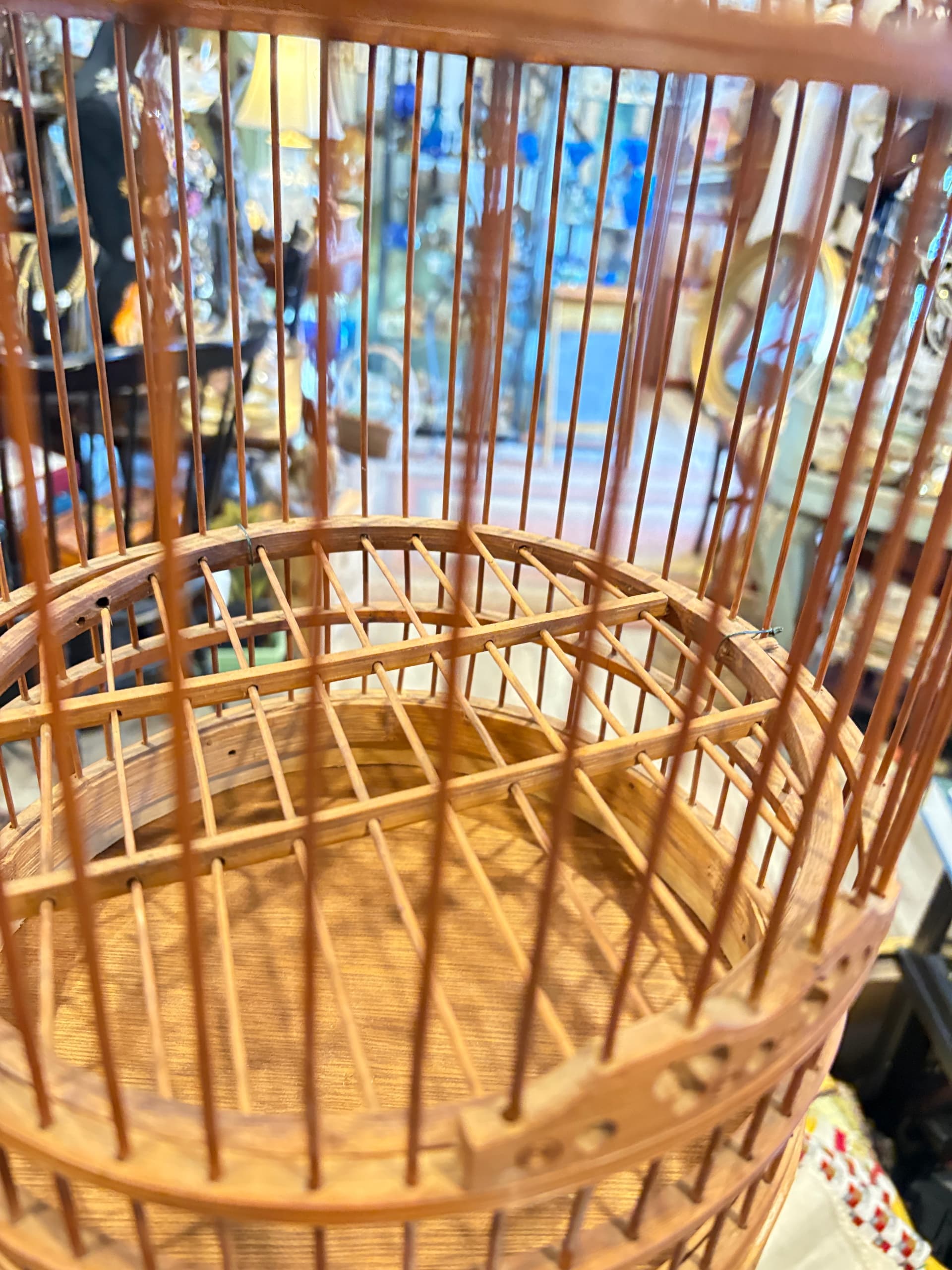 Antique Chinese Bamboo Bird Cage, Domed Cylindrical Form, Carved Base, Hanging Hook-1170 - Regular - Thumbnail 5