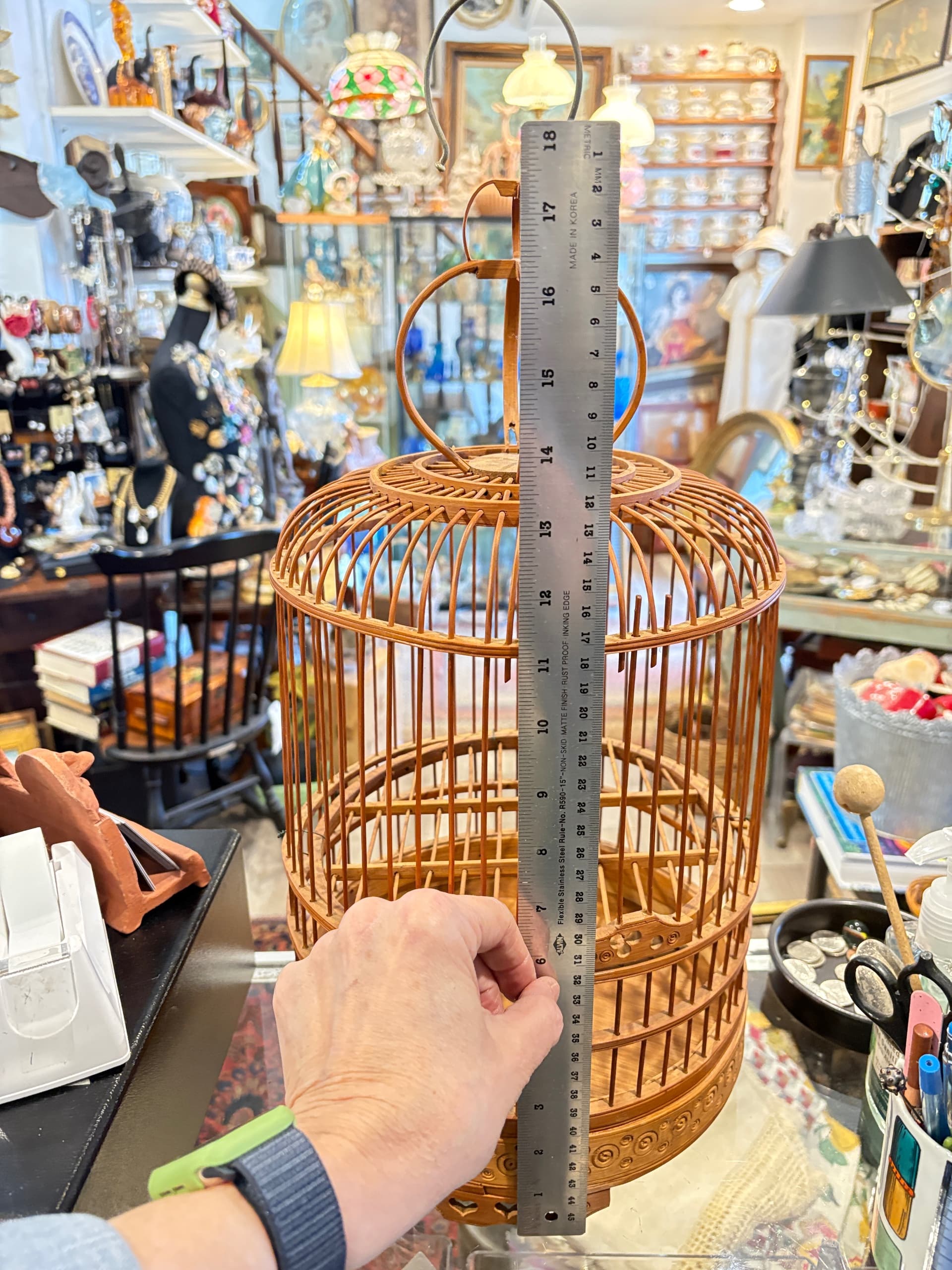 Antique Chinese Bamboo Bird Cage, Domed Cylindrical Form, Carved Base, Hanging Hook-1170 - Regular - Thumbnail 6